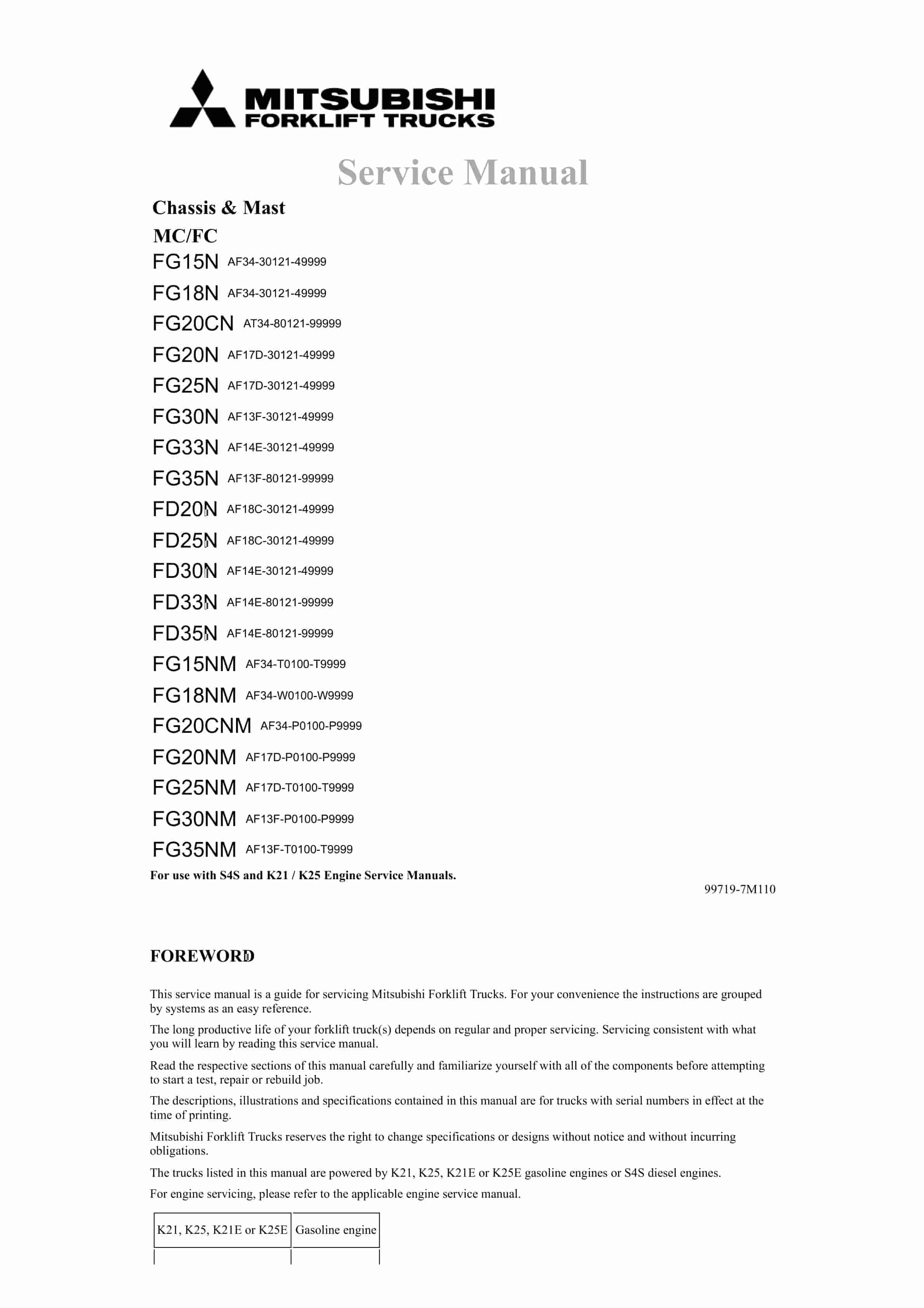 Mitsubishi FG15N-35NM, FD20N-35N Chassis and Mast Service Manual 99719-7M110