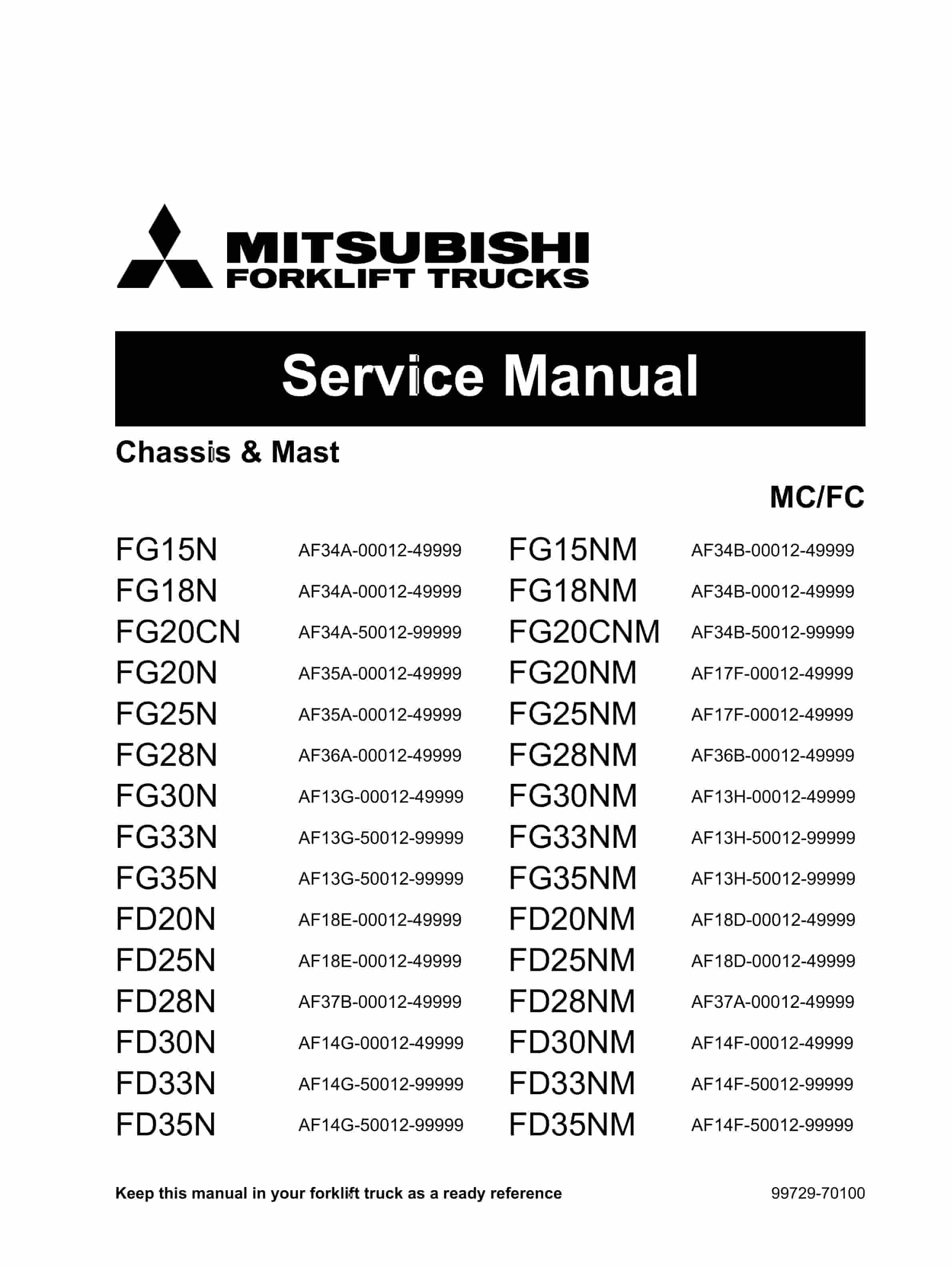 Mitsubishi FG15N-35NM, FD20N-35NM Chassis and Mast Service Manual 99729-70100