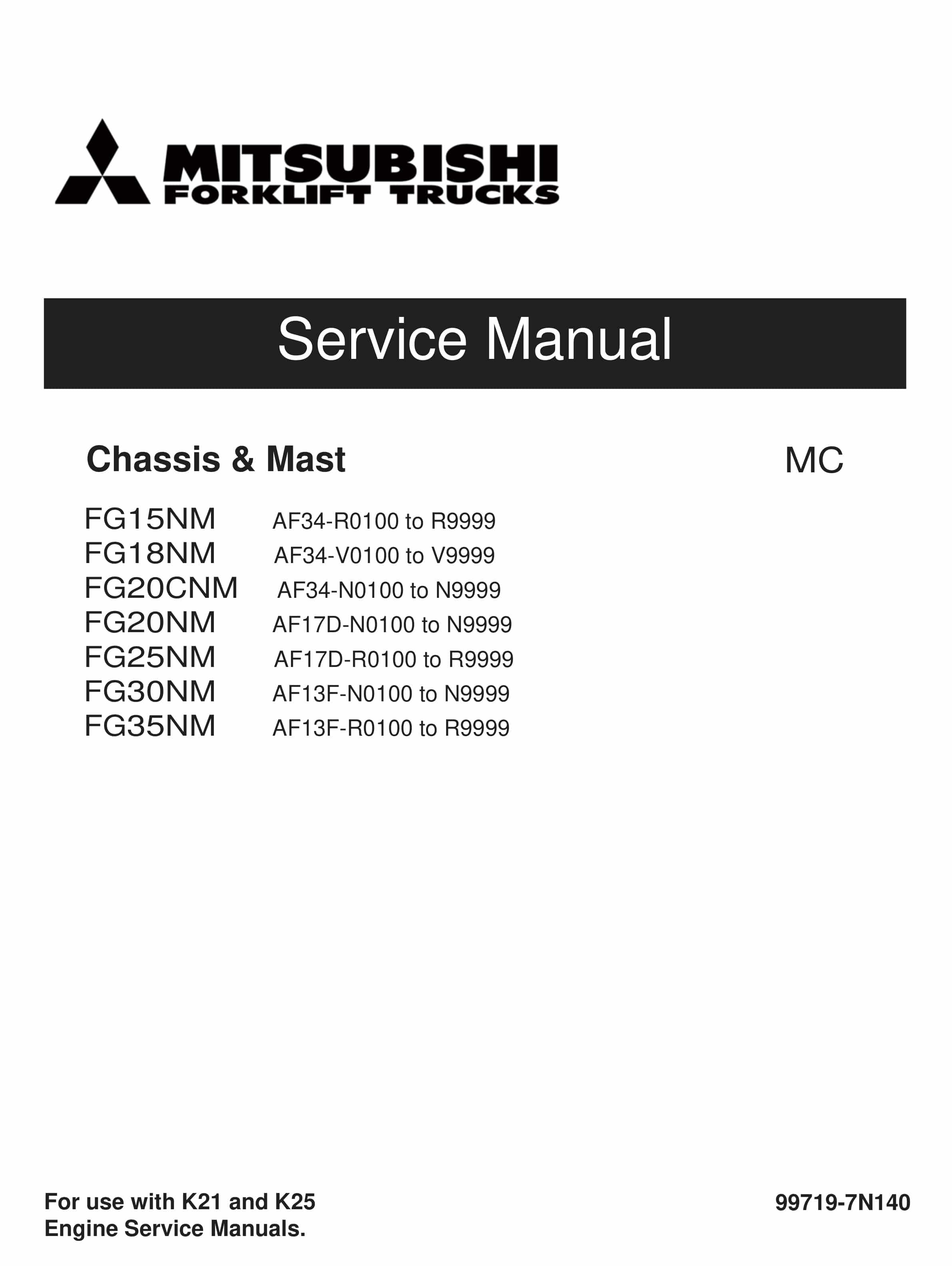 Mitsubishi FG15NM to FG35NM Chassis and Mast Service Manual 99719-7N140
