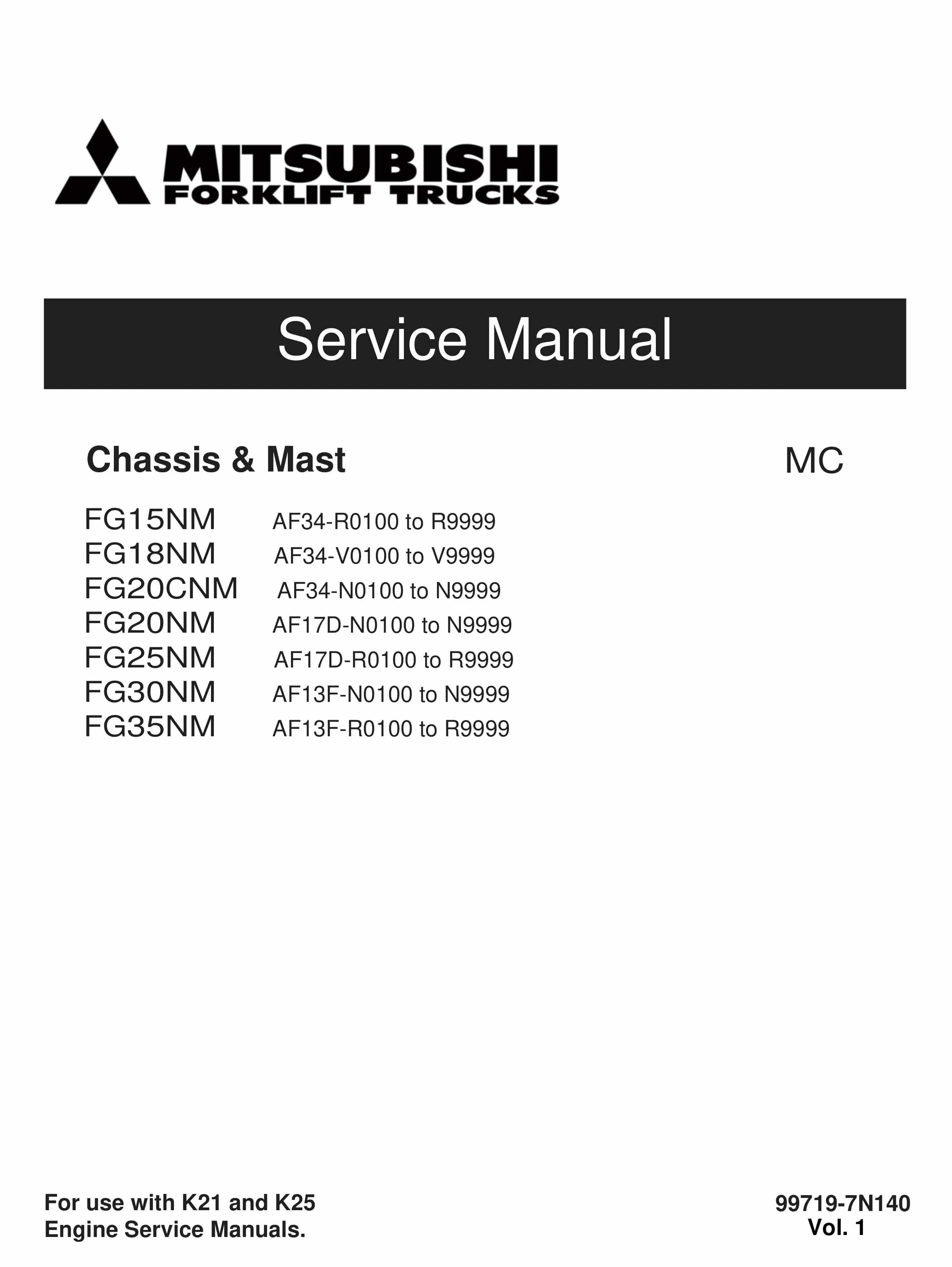 Mitsubishi FG15NM to FG35NM Chassis and Mast Service Manual 99719-7N140 Vol 1