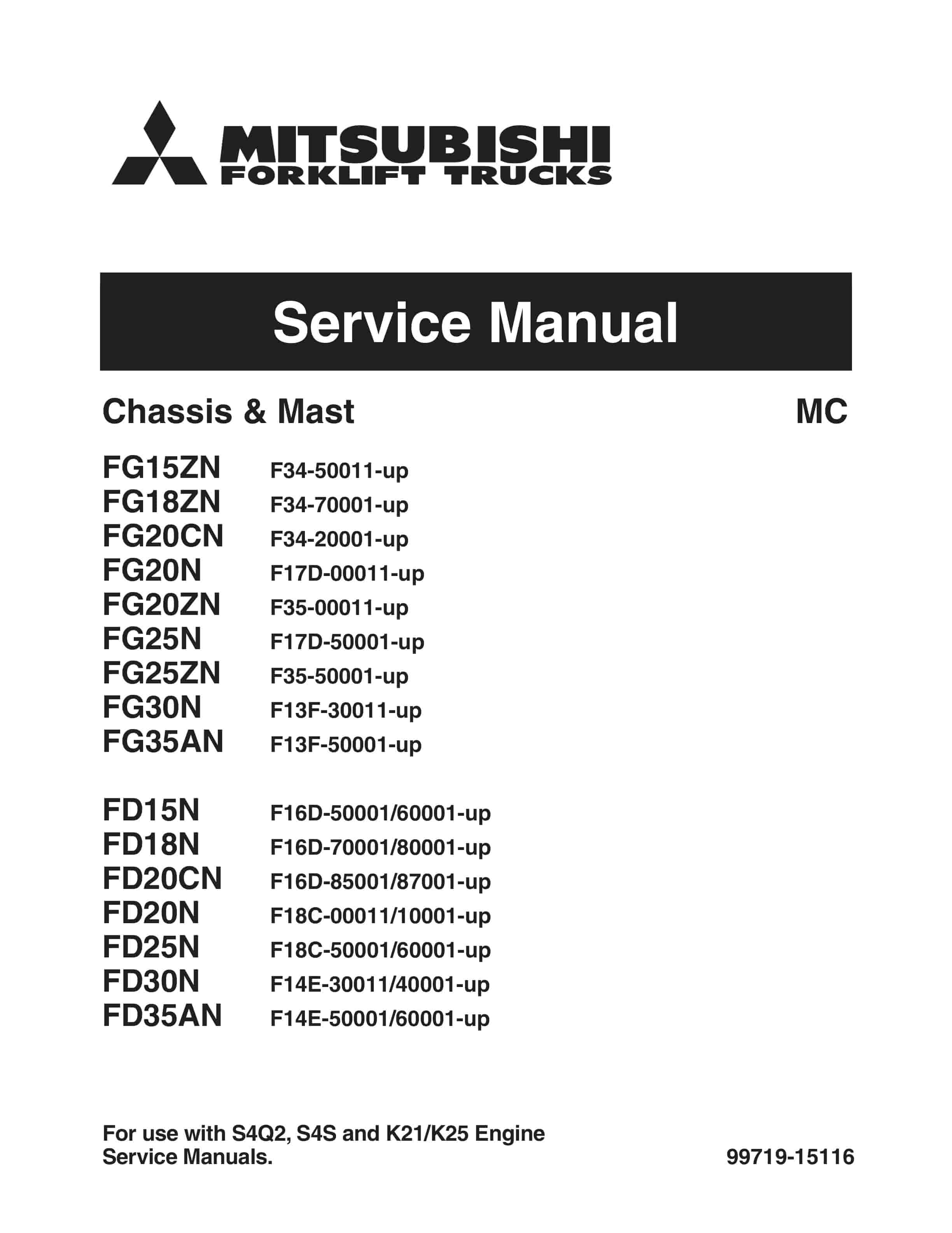 Mitsubishi FG15ZN-35AN, FD15N-35AN Chassis and Mast Service Manual 99719-15116