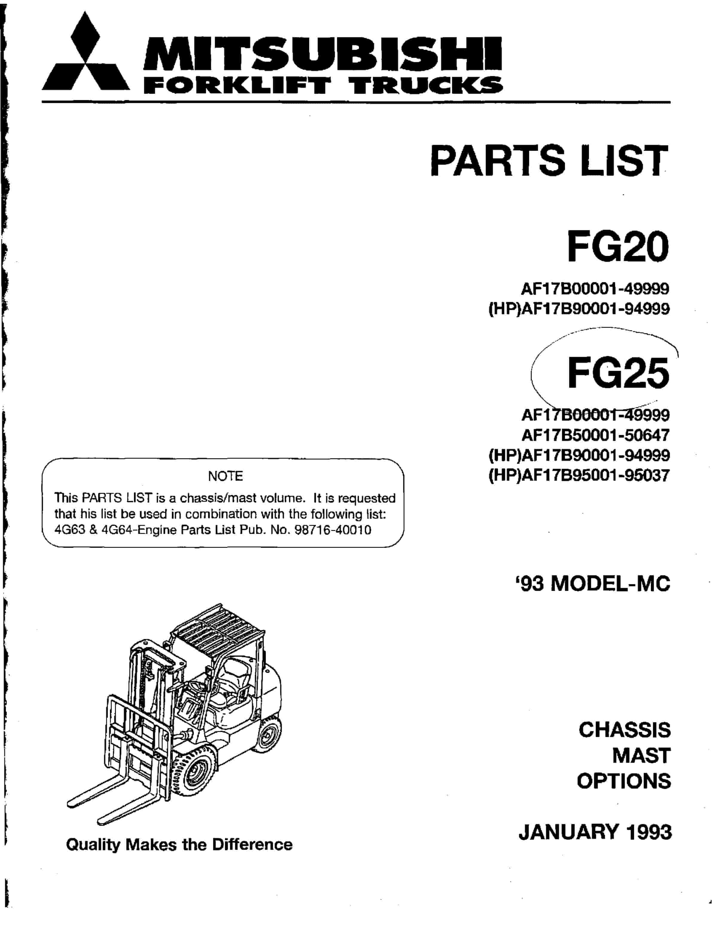 Mitsubishi FG20, FG25 Chassis and Mast Parts List 98716-40010
