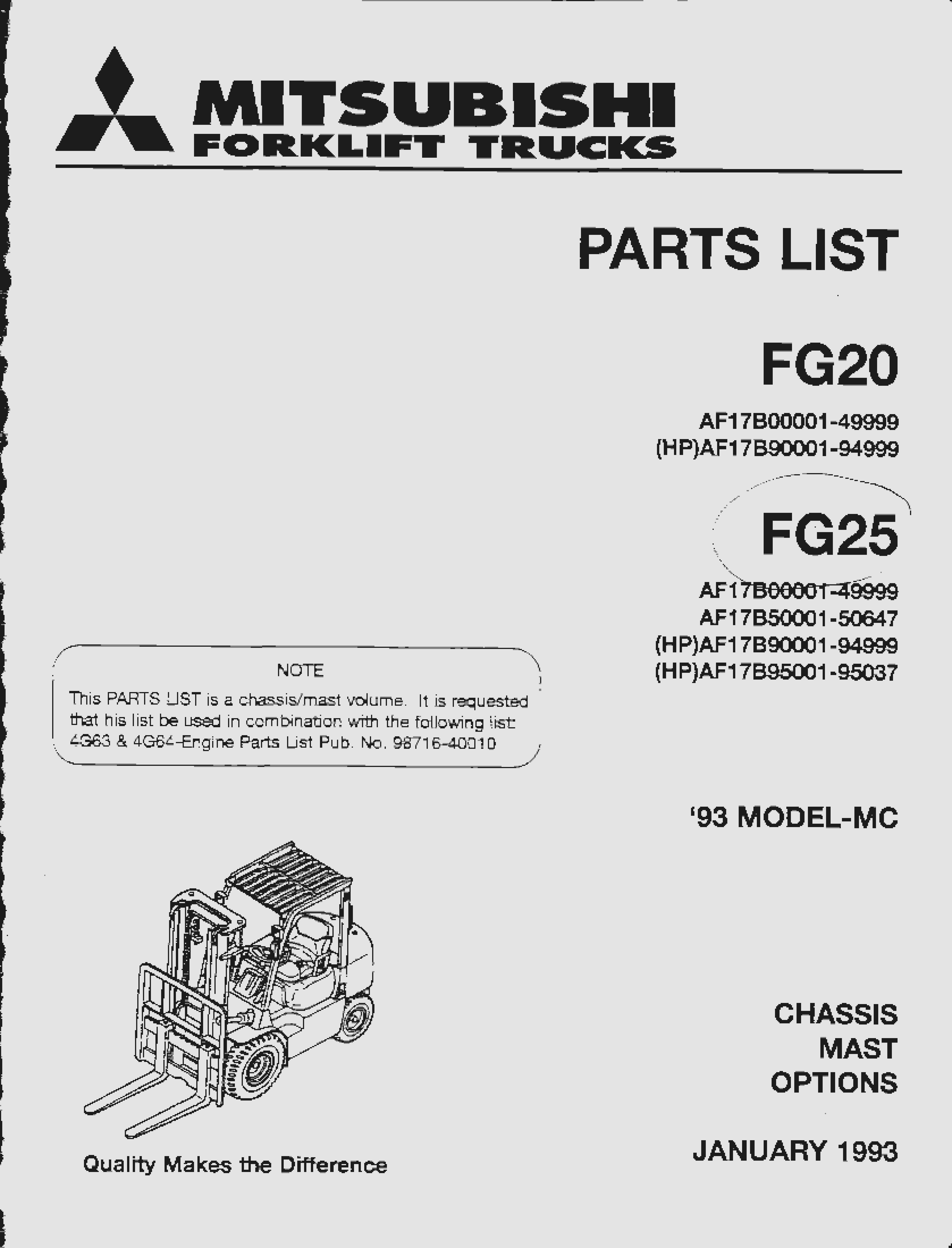 Mitsubishi FG20, FG25 Chassis, Mast and Options Parts List