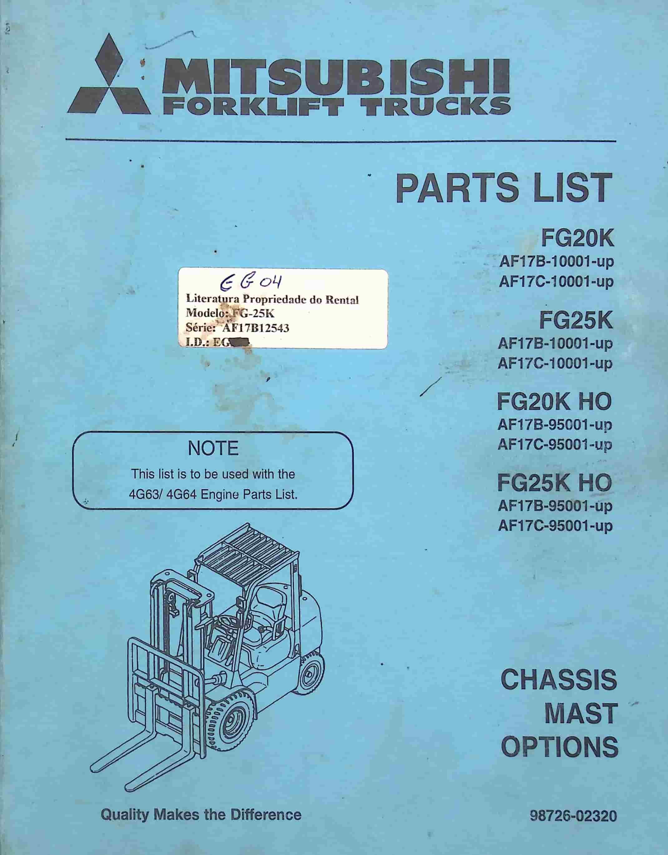 Mitsubishi FG20K, FG25K, FG20K HO, FG25K HO Chassis and Mast Parts List 98726-02320