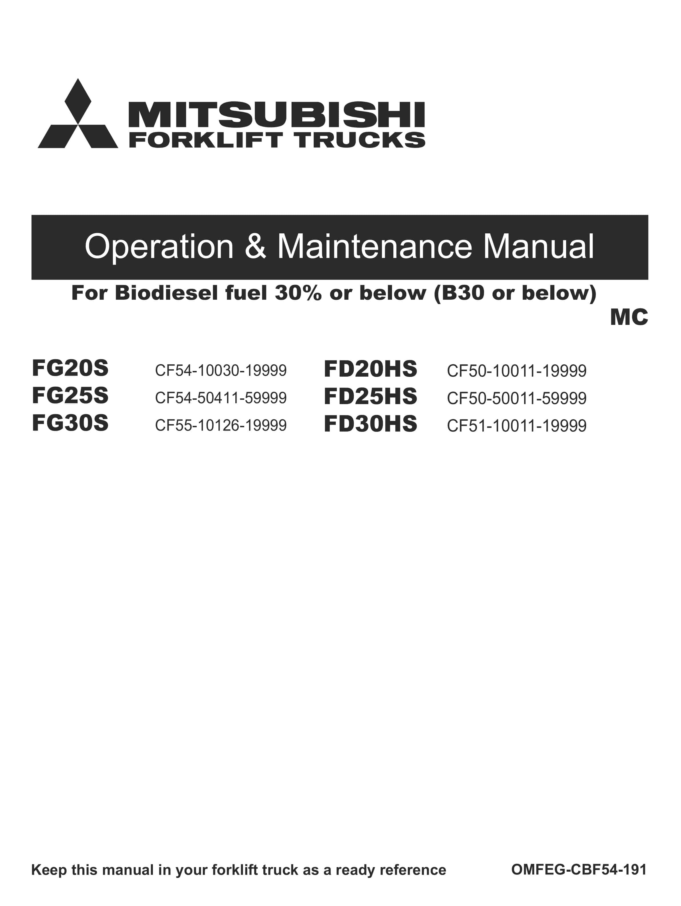 Mitsubishi FG20S-30S, FD20HS-30HS Operation and Maintenance Manual OMFEG-CBF54-191 1 Mitsubishi FG20S-30S, FD20HS-30HS Operation and Maintenance Manual OMFEG-CBF54-191