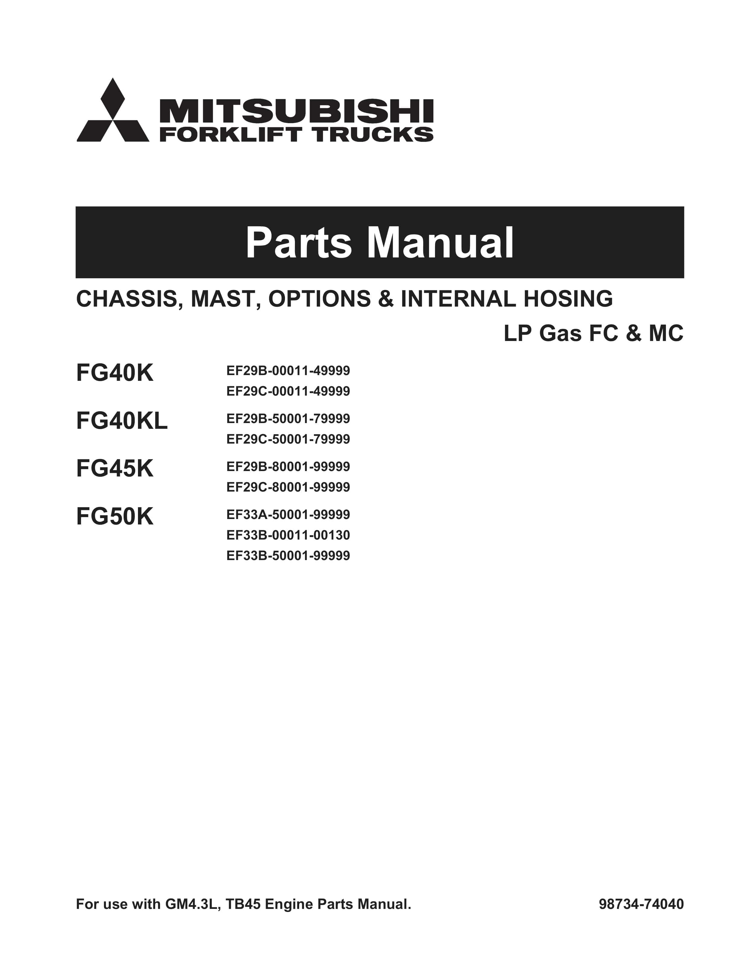 Mitsubishi FG40K, FG40KL, FG45K, FG50K Parts Manual 98734-74040