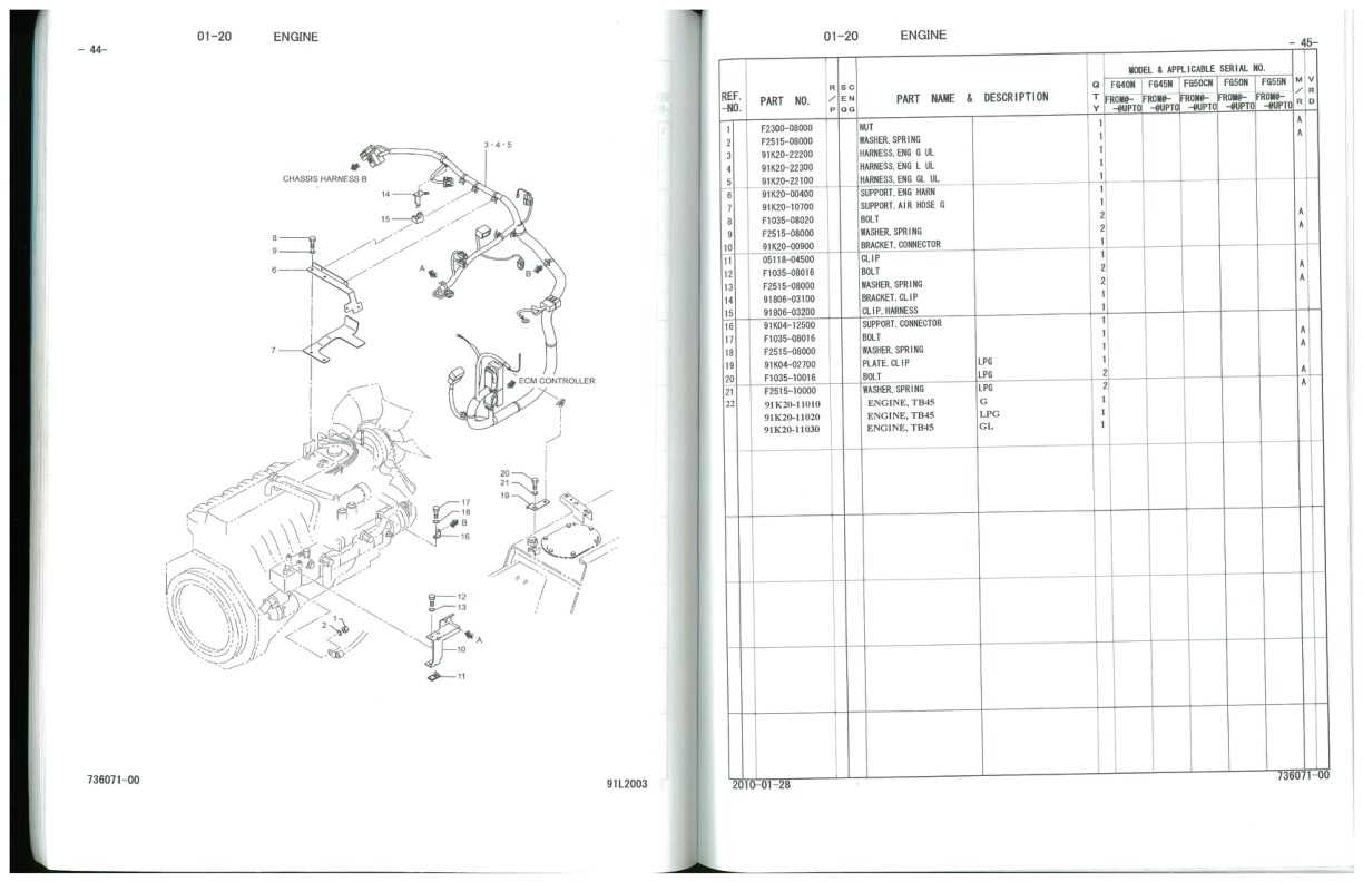 Mitsubishi FG40N, FG45N, FG50CN, FG50N, FG55N Chassis, Mast, Options and Internal Hosing Parts Manual 98736-07100-2