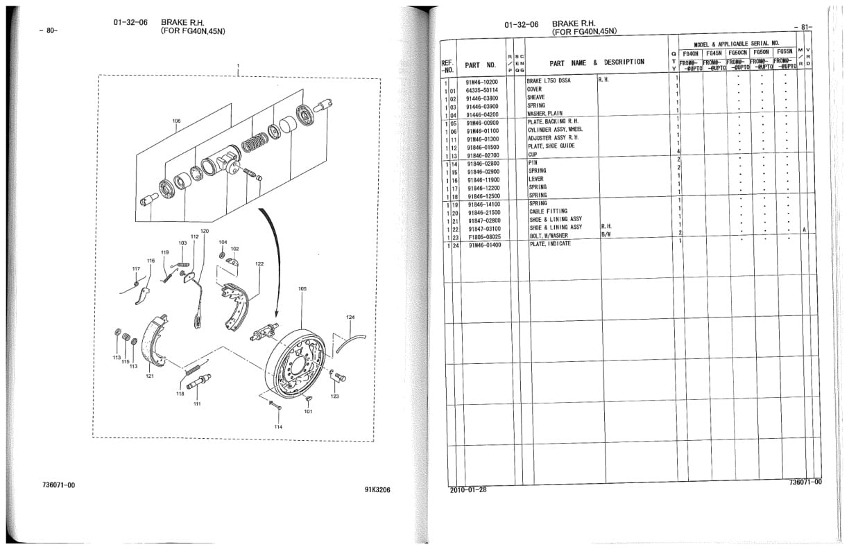 Mitsubishi FG40N, FG45N, FG50CN, FG50N, FG55N Chassis, Mast, Options and Internal Hosing Parts Manual 98736-07100-4