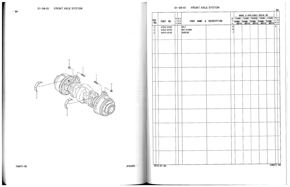 Mitsubishi FG40N, FG45N, FG50CN, FG50N, FG55N Chassis, Mast, Options and Internal Hosing Parts Manual 98736-07100-5