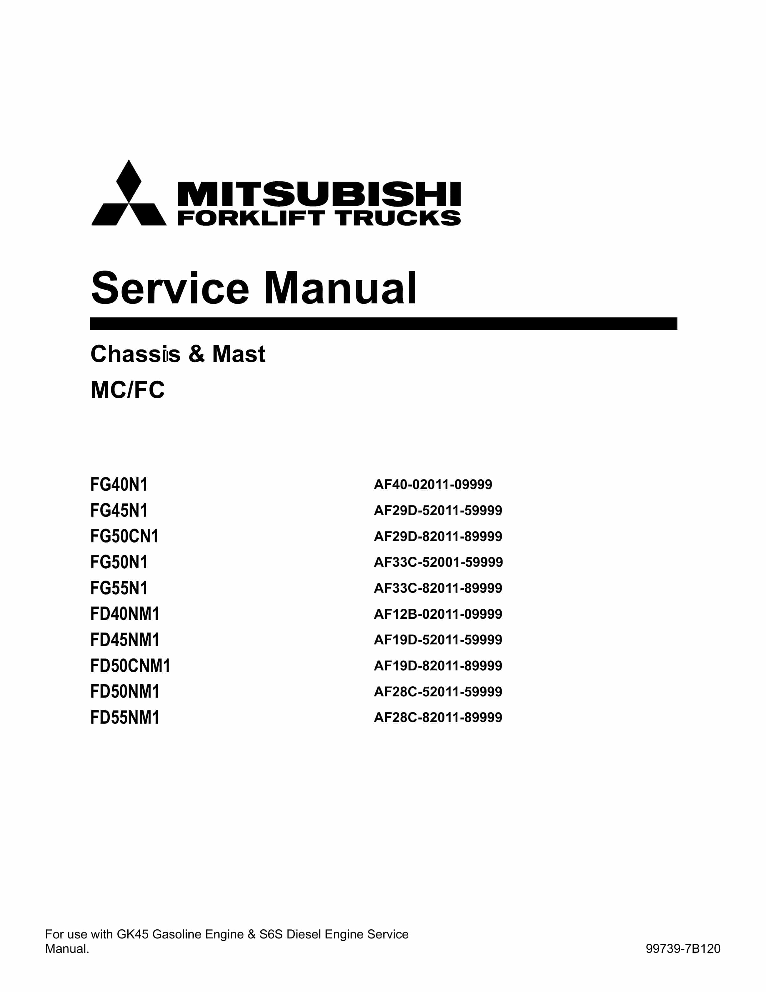 Mitsubishi FG40N1-55N1, FG40NM1-55NM1 Chassis and Mast Service Manual 99739-7B120 1 Mitsubishi FG40N1-55N1, FG40NM1-55NM1 Chassis and Mast Service Manual 99739-7B120