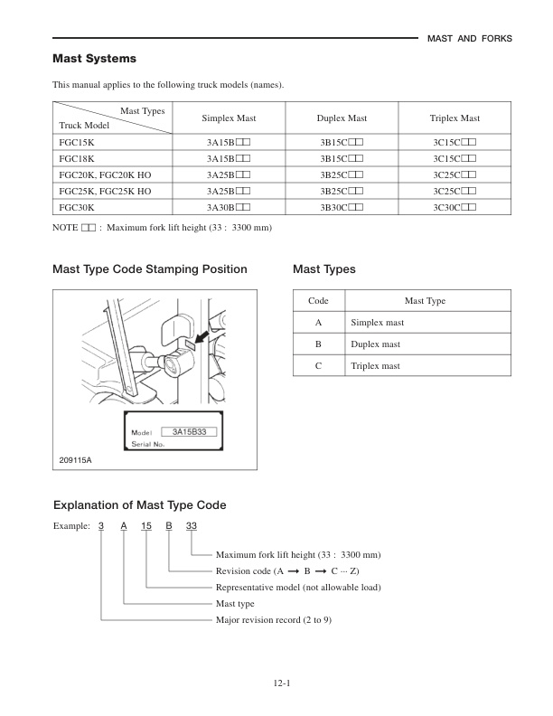 Mitsubishi FGC15K, FGC18K, FGC20K, FGC20K HO, FGC25K, FGC25K HO, FGC30K Chassis and Mast Service Manual 99719-70150-4