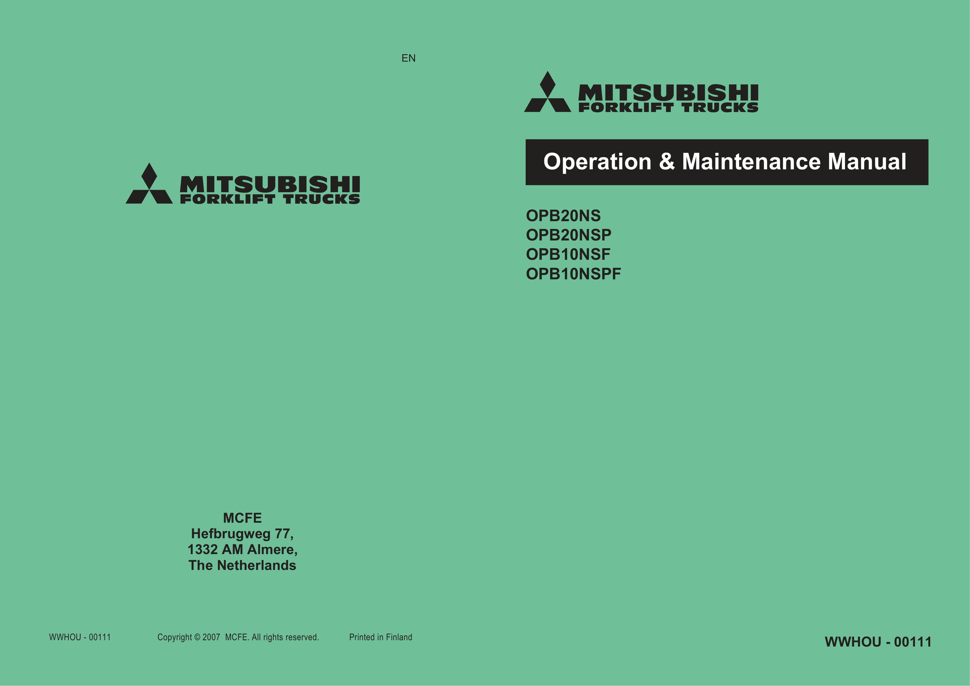 Mitsubishi OPB20NS, OPB20NSP, OPB10NSF, OPB10NSPF Operation and Maintenance Manual WWHOU-00111 1 Mitsubishi OPB20NS, OPB20NSP, OPB10NSF, OPB10NSPF Operation and Maintenance Manual WWHOU-00111