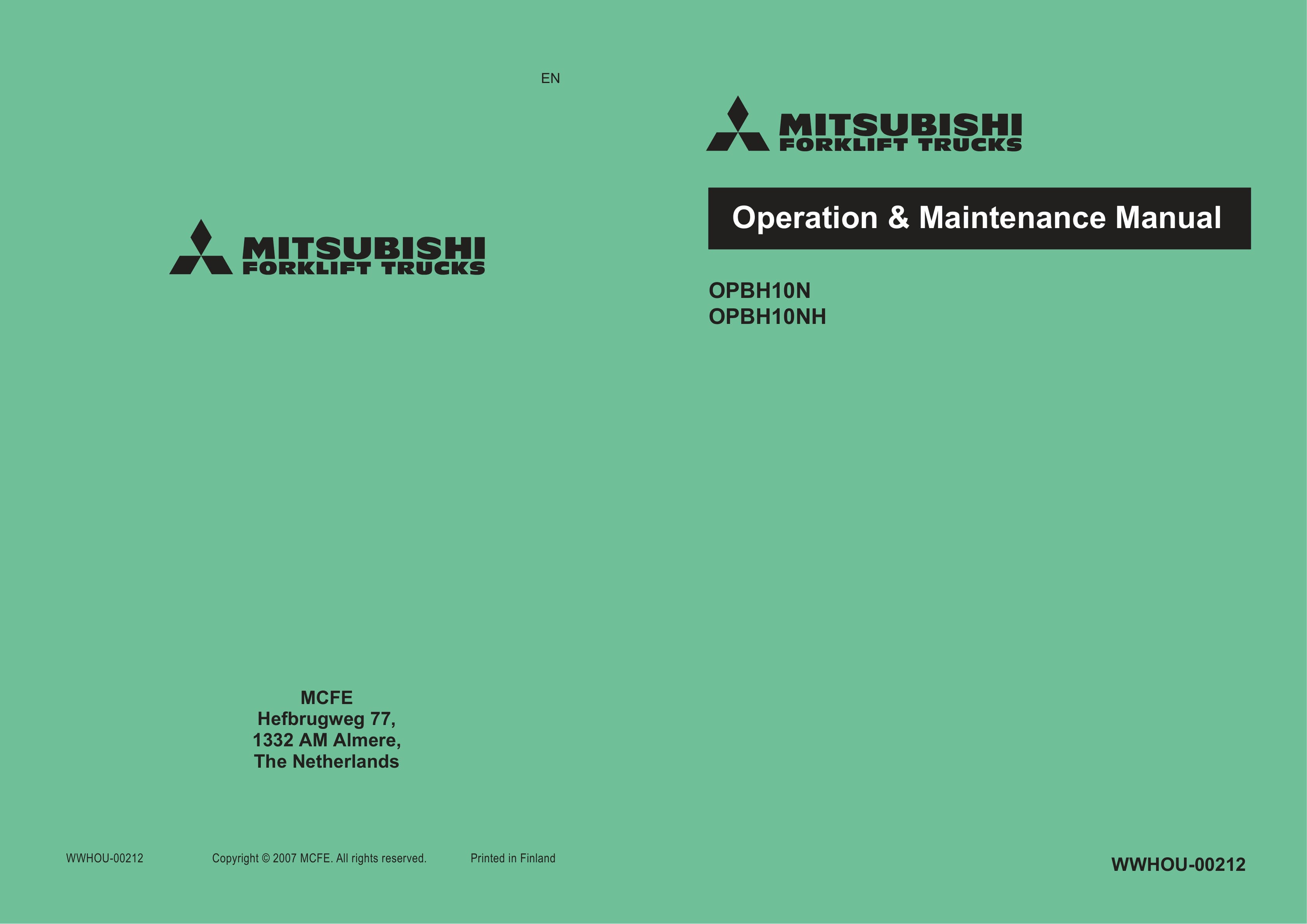 Mitsubishi OPBH10N, OPBH10NH Operation and Maintenance Manual WWHOU-00212 1 Mitsubishi OPBH10N, OPBH10NH Operation and Maintenance Manual WWHOU-00212