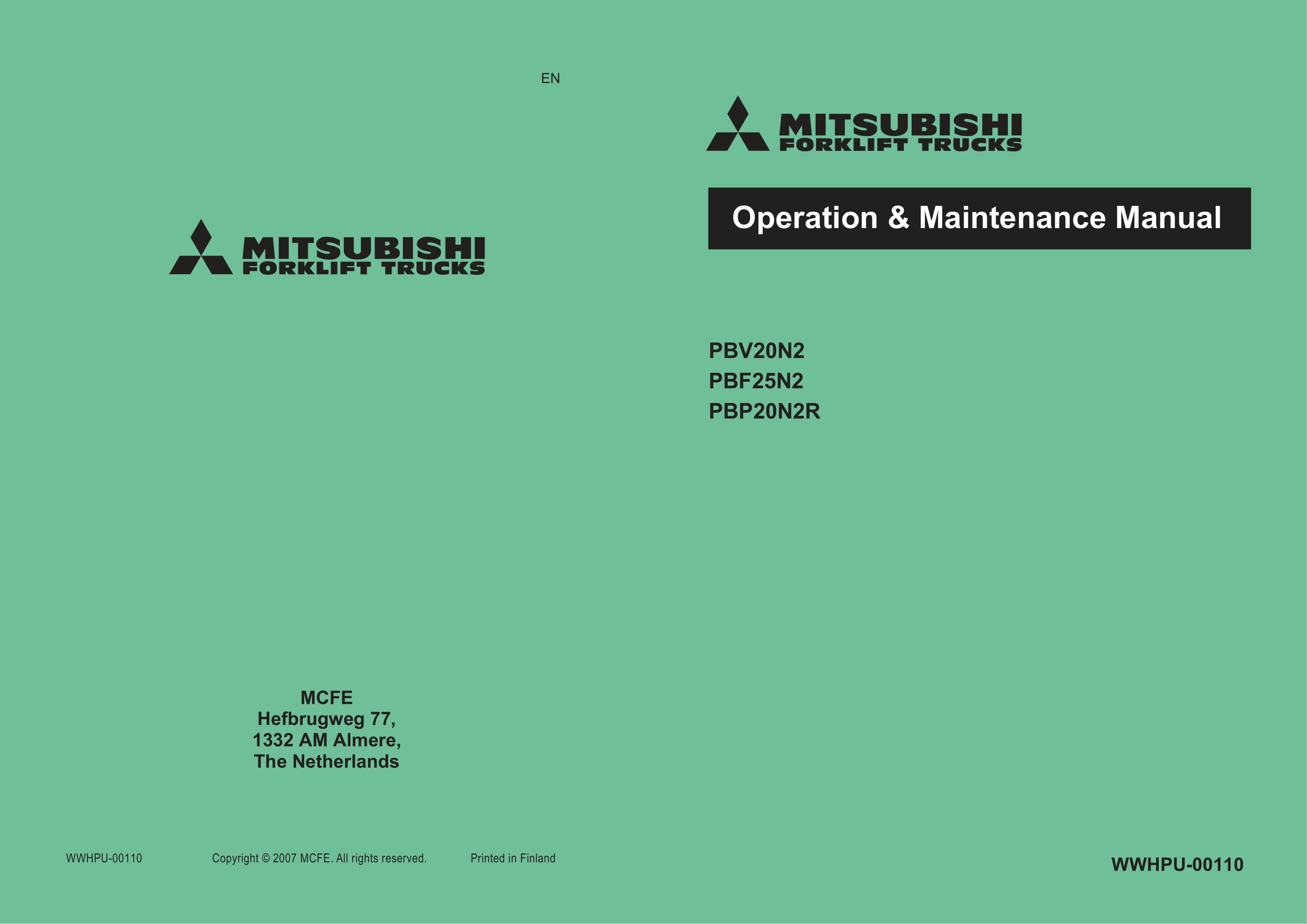 Mitsubishi PBV20N2, PBF25N2, PBP20N2R Operation and Maintenance Manual WWHPU-00110 1 Mitsubishi PBV20N2, PBF25N2, PBP20N2R Operation and Maintenance Manual WWHPU-00110