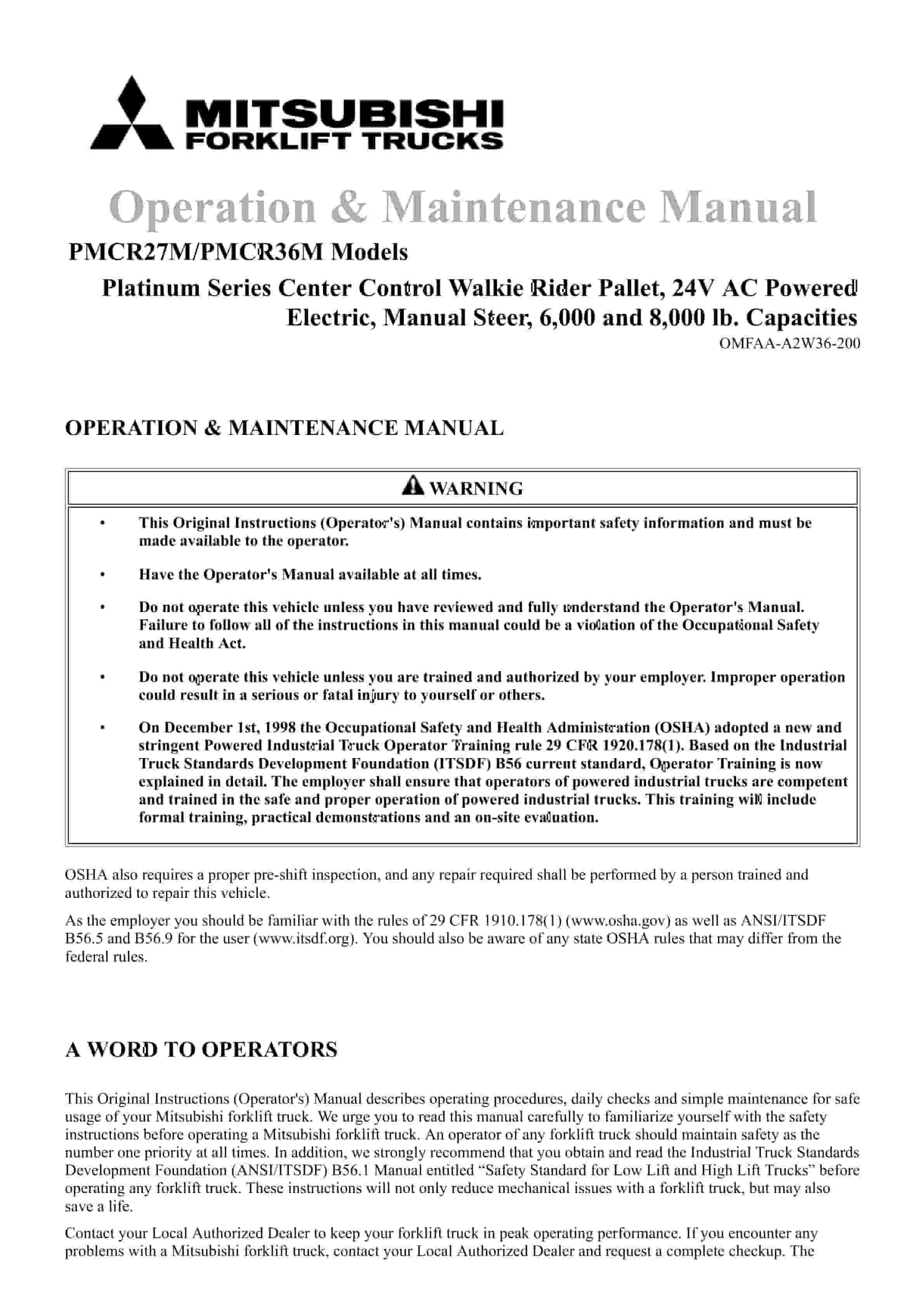 Mitsubishi PMCR27M, PMCR36M Operation and Maintenance Manual OMFAA-A2W36-200 1 Mitsubishi PMCR27M, PMCR36M Operation and Maintenance Manual OMFAA-A2W36-200