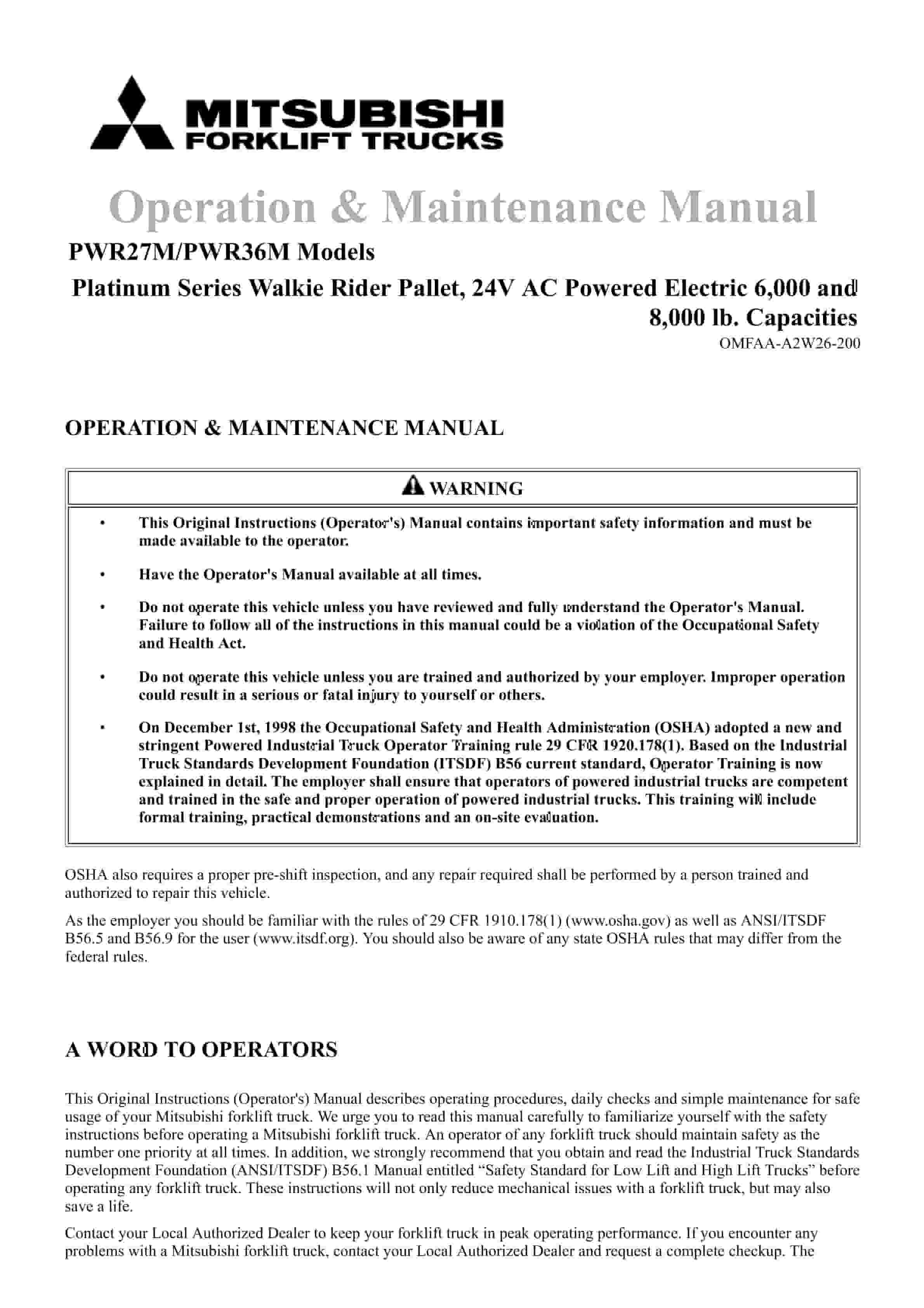 Mitsubishi PWR27M, PWR36M Operation and Maintenance Manual OMFAA-A2W26-200 1 Mitsubishi PWR27M, PWR36M Operation and Maintenance Manual OMFAA-A2W26-200