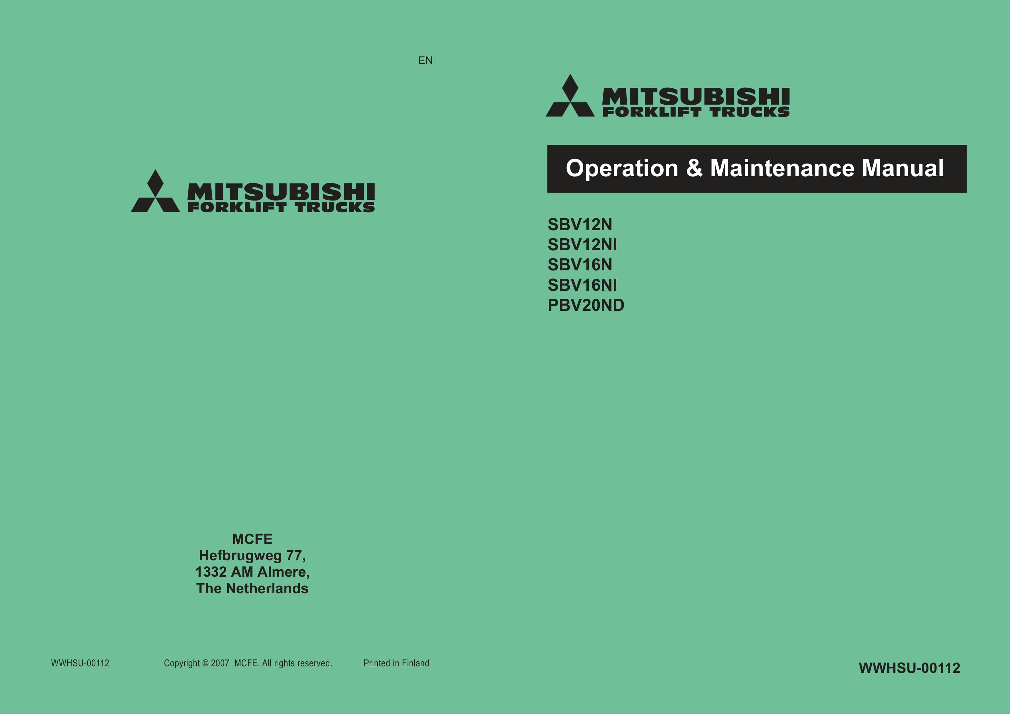 Mitsubishi SBV12N, SBV12NI, SBV16N, SBV16NI, PBV20ND Operation and Maintenance Manual WWHSU-00112
