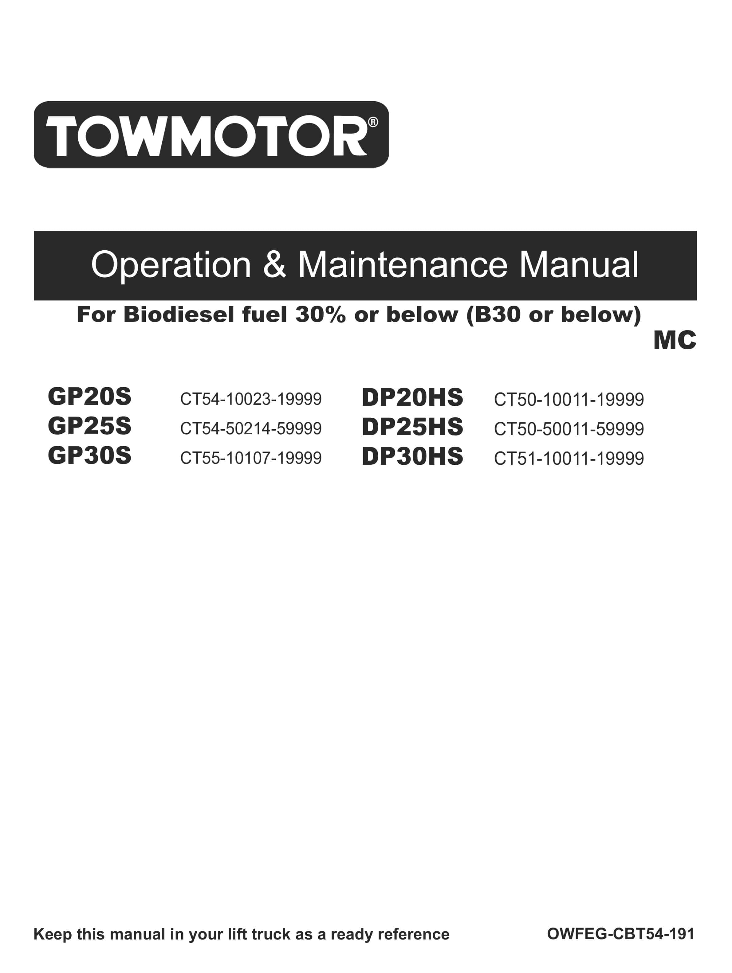 Towmotor GP20S-30S, DP20HS-30HS Operation and Maintenance Manual OWFEG-CBT54-191