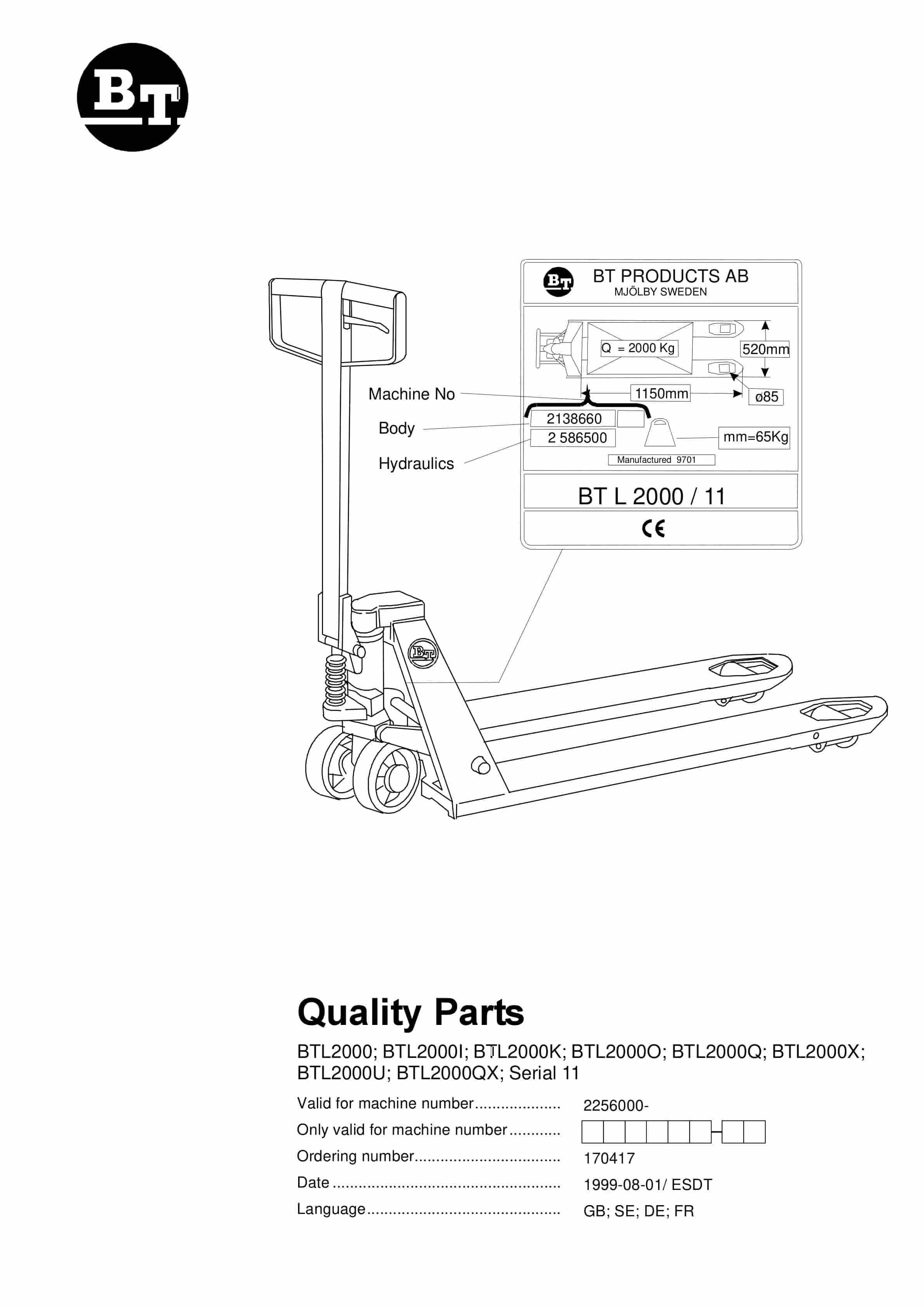 BT BTL2000, BTL2000I, BTL2000K, BTL2000O, BTL2000Q, BTL2000X, BTL2000U, BTL2000QX, Serial 11 Quality Parts 170417