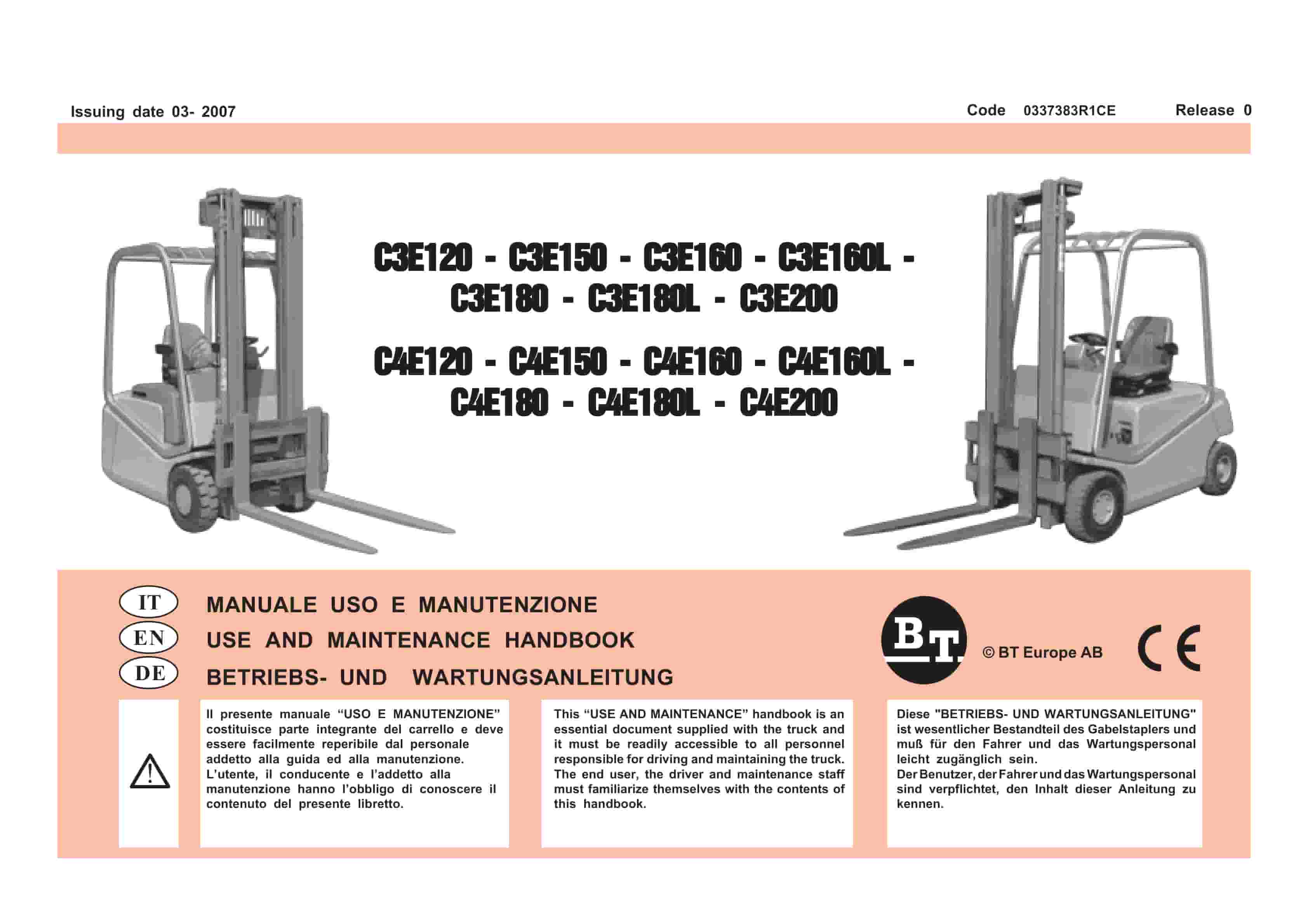 BT C3E120 to C4E200 Use And Maintenance Handbook 0337383R1CE