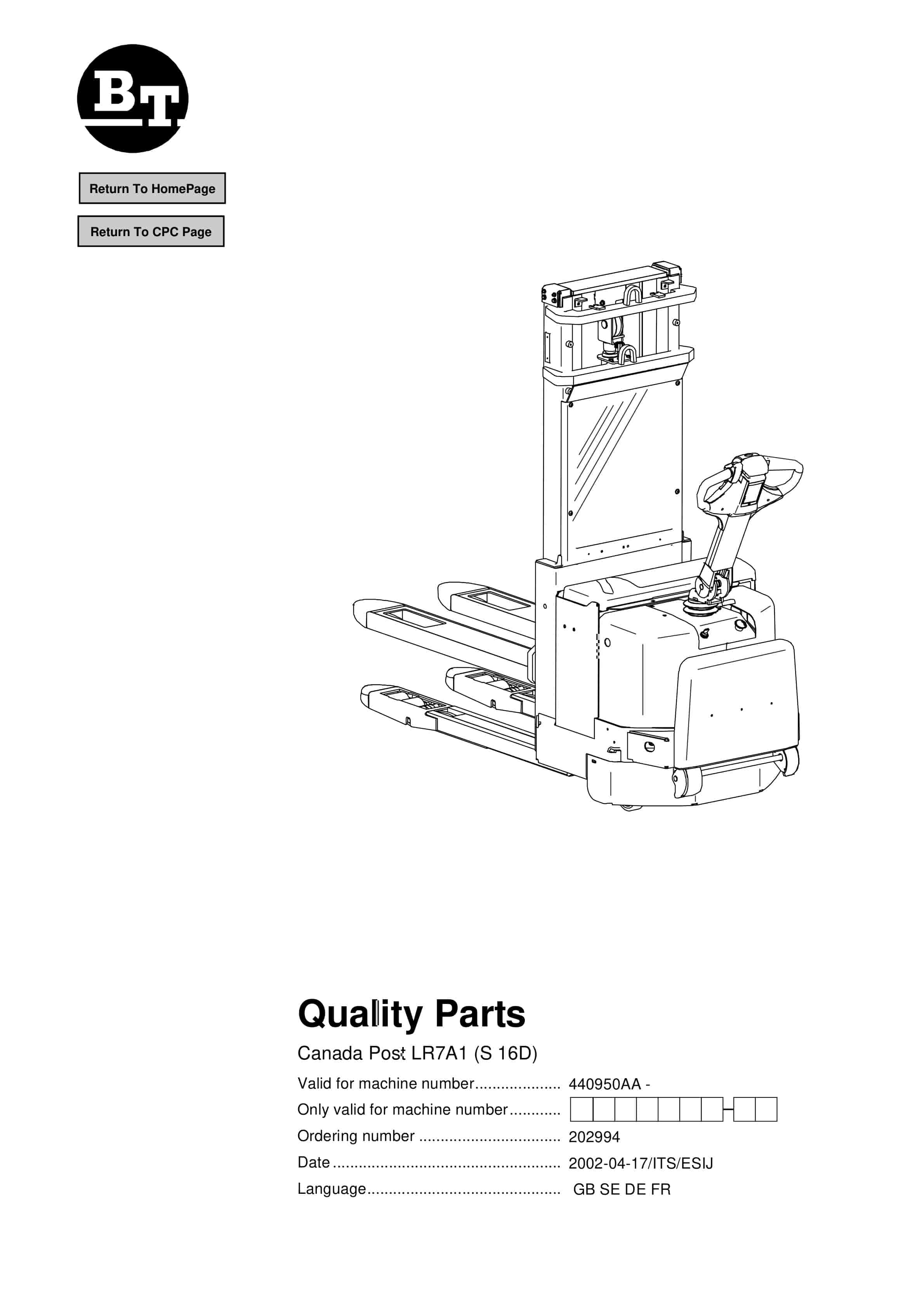 BT Canada Post LR7A1 (S 16D) Quality Parts 202994