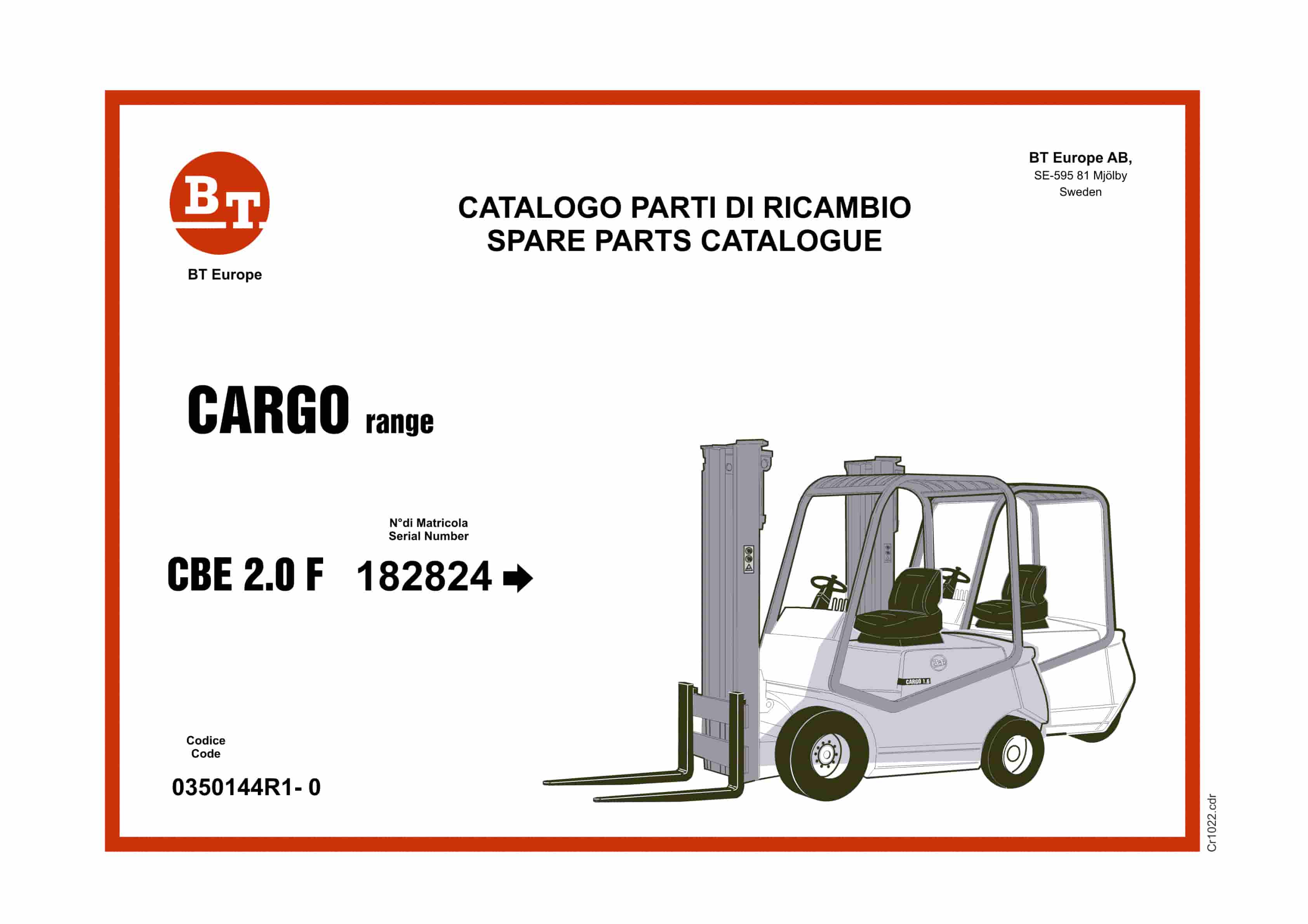 BT CARGO CBE 2.0F Spare Parts Catalog 0350144R1-0