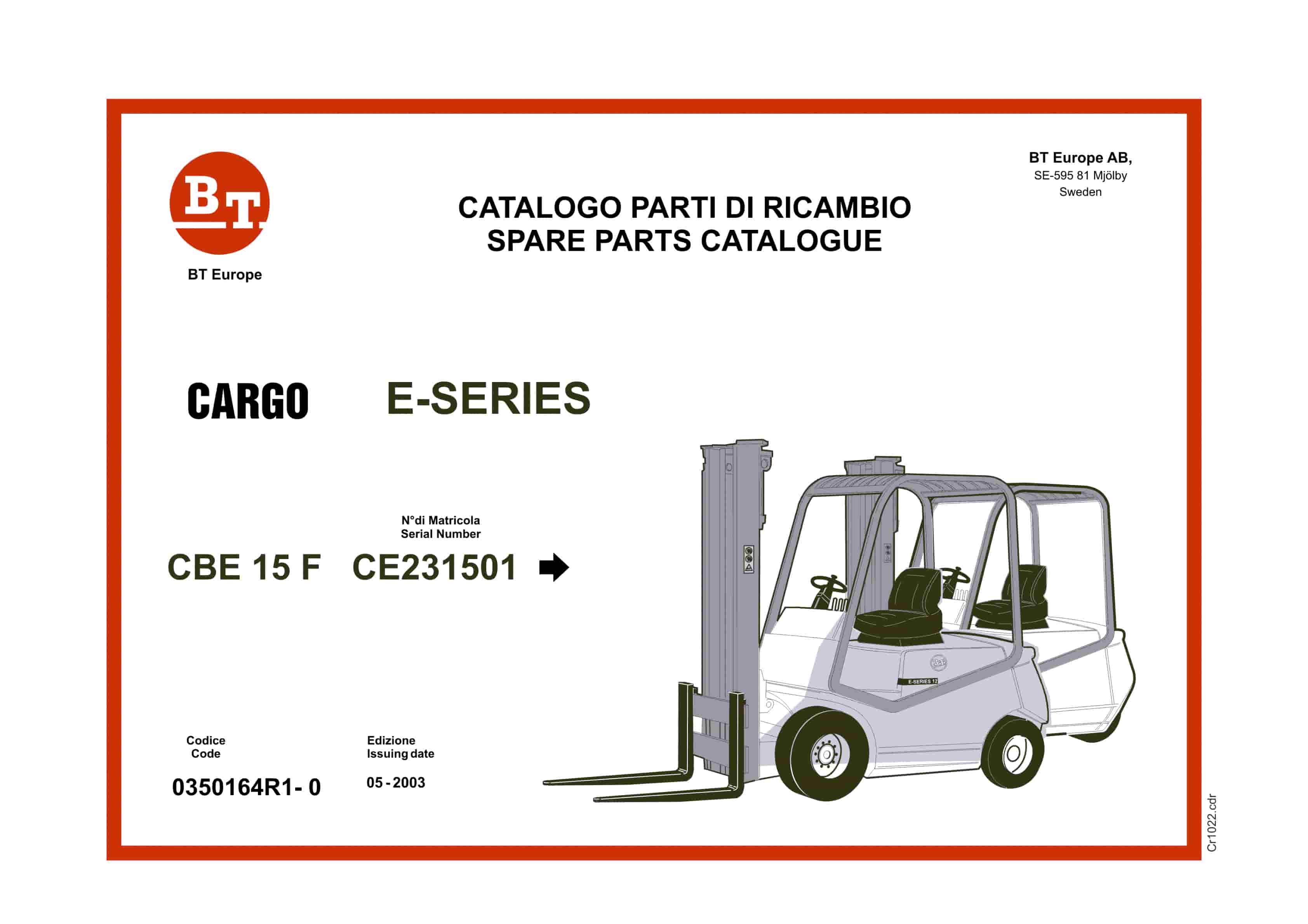 BT CARGO E-Series CBE 15F Spare Parts Catalog 0350164R1-0