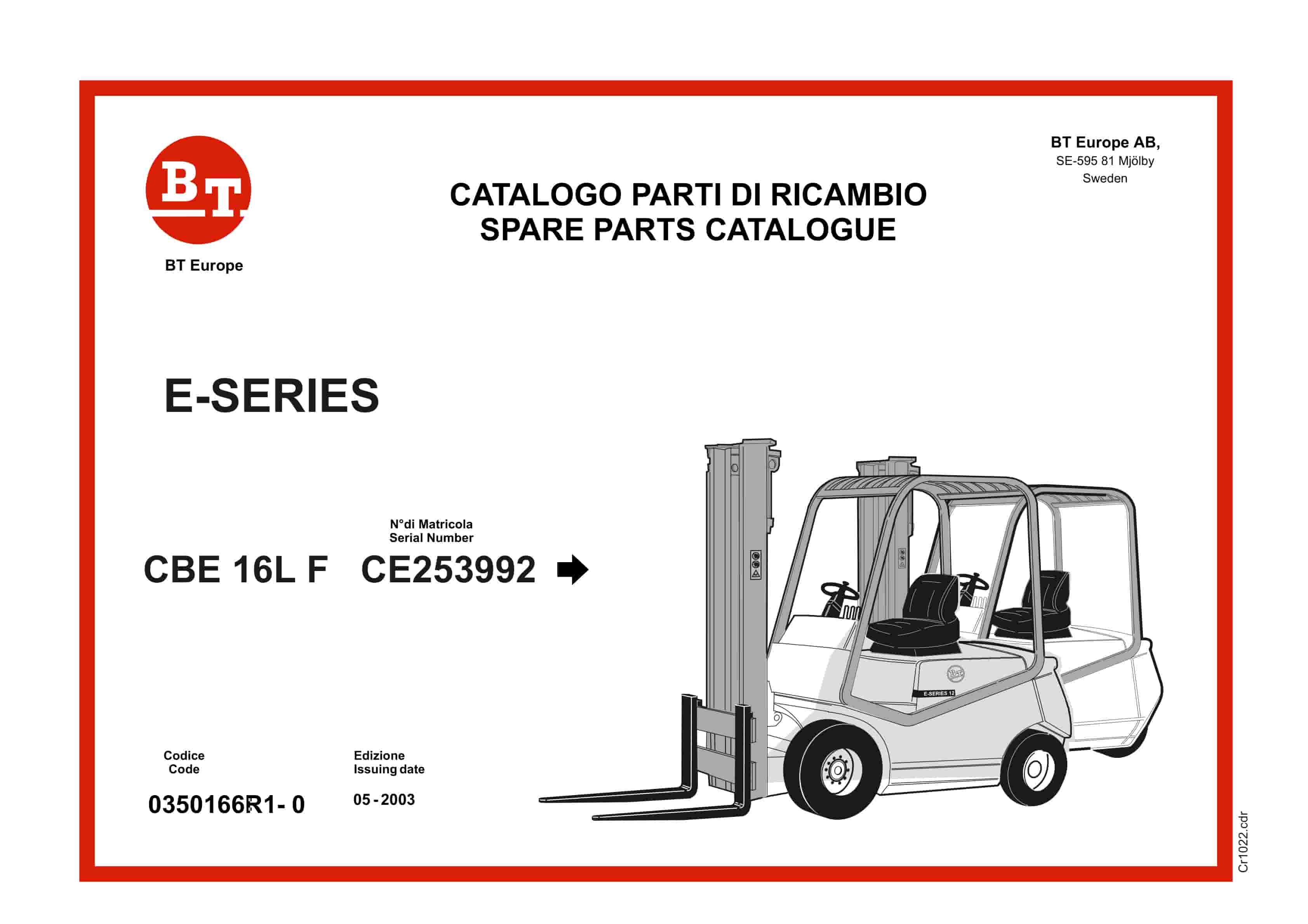 BT CARGO E-Series CBE 16L F Spare Parts Catalog 0350166R1-0