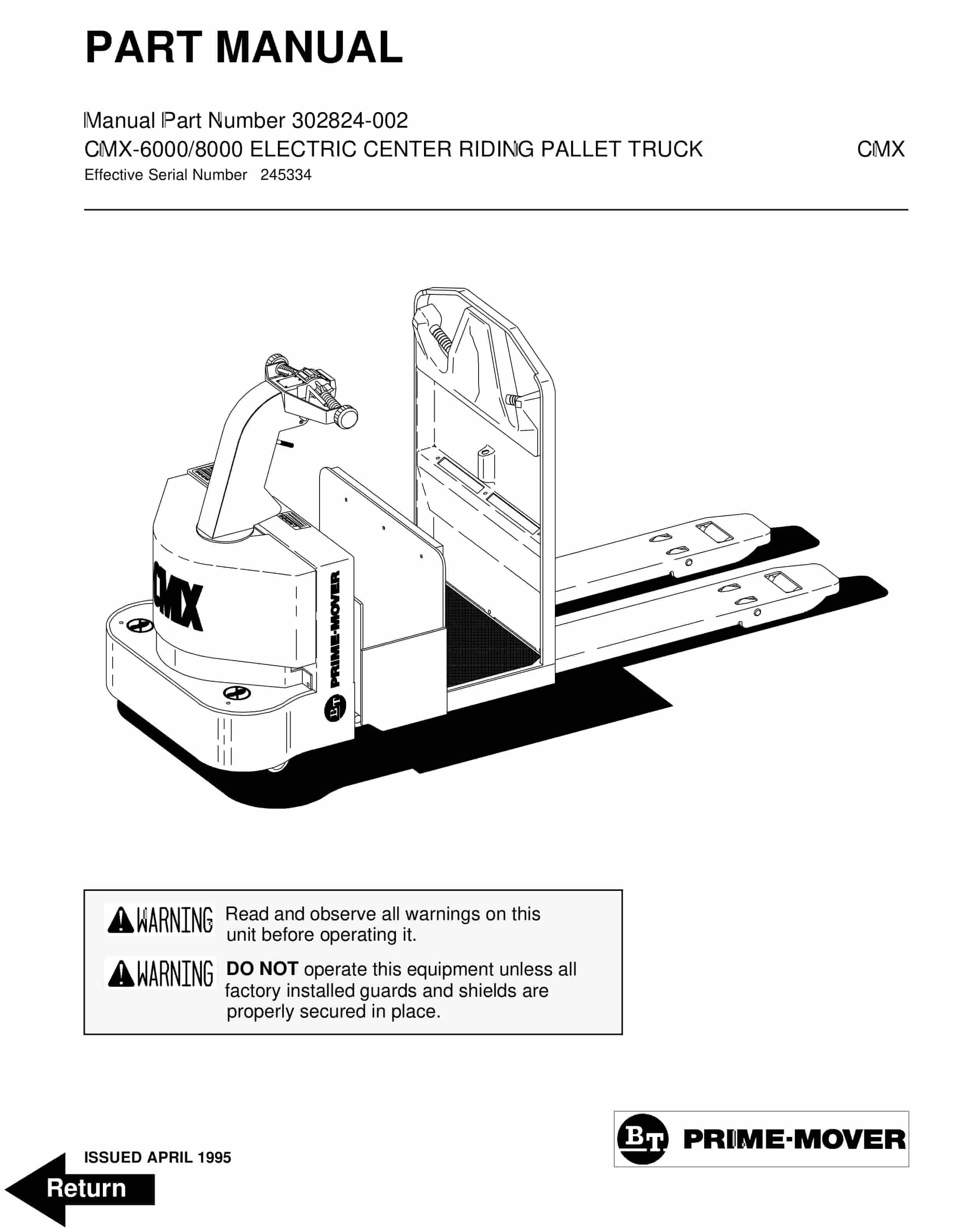 BT CMX-6000, CMX-8000 Electric Center Riding Pallet Truck Parts Manual 302824-002