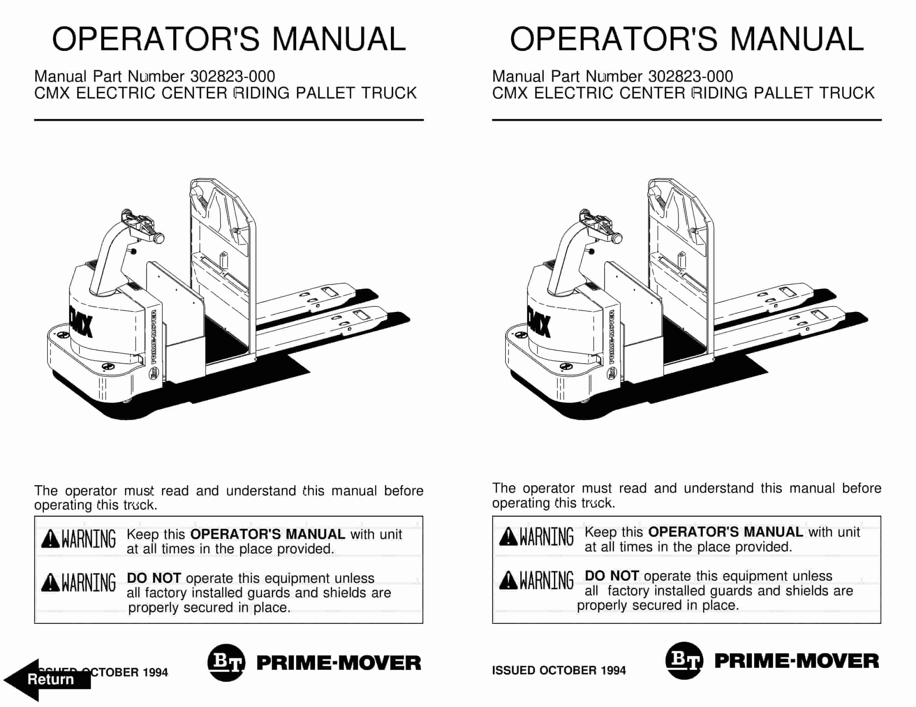 BT CMX Electric Center Riding Pallet Truck Operator Manual 302823-000