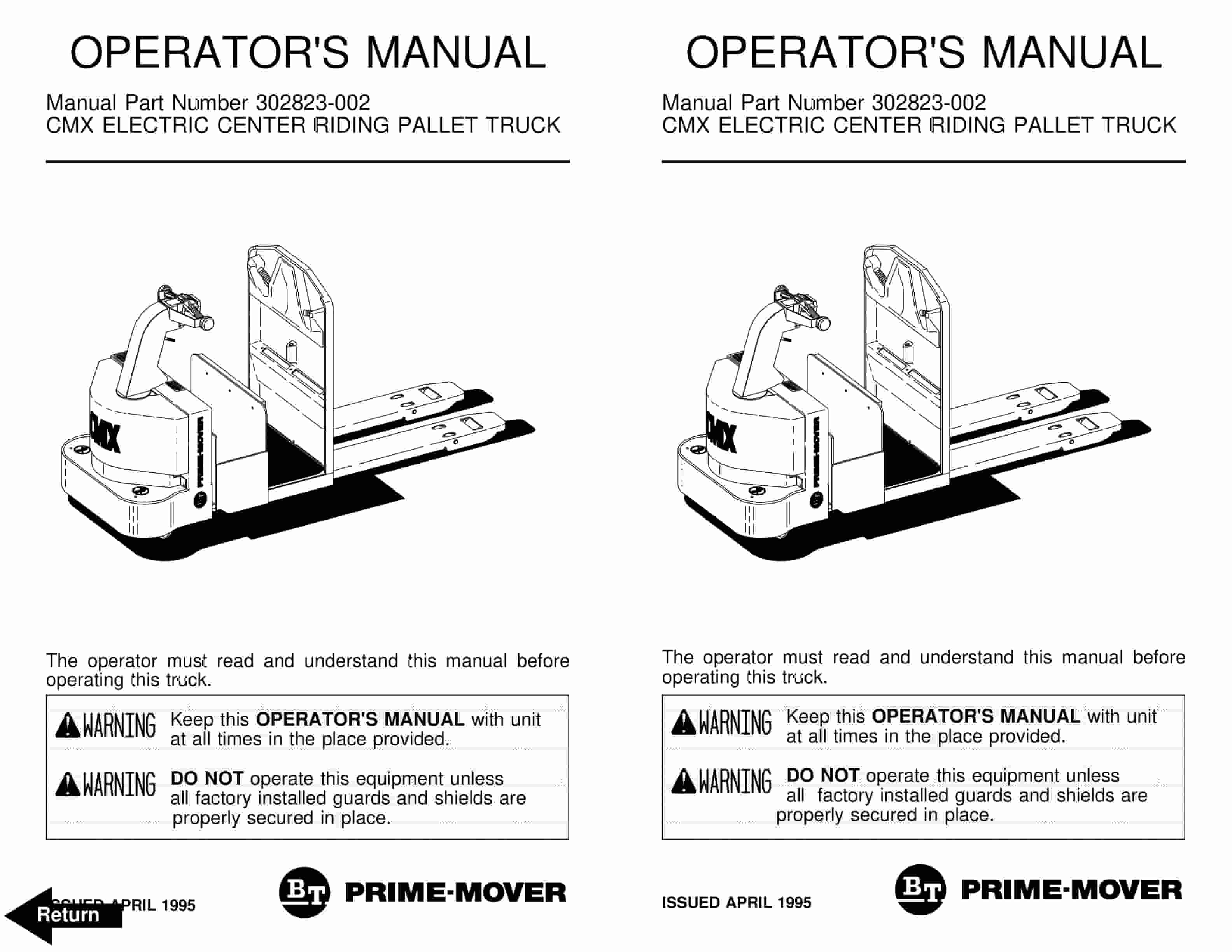 BT CMX Electric Center Riding Pallet Truck Operator Manual 302823-002