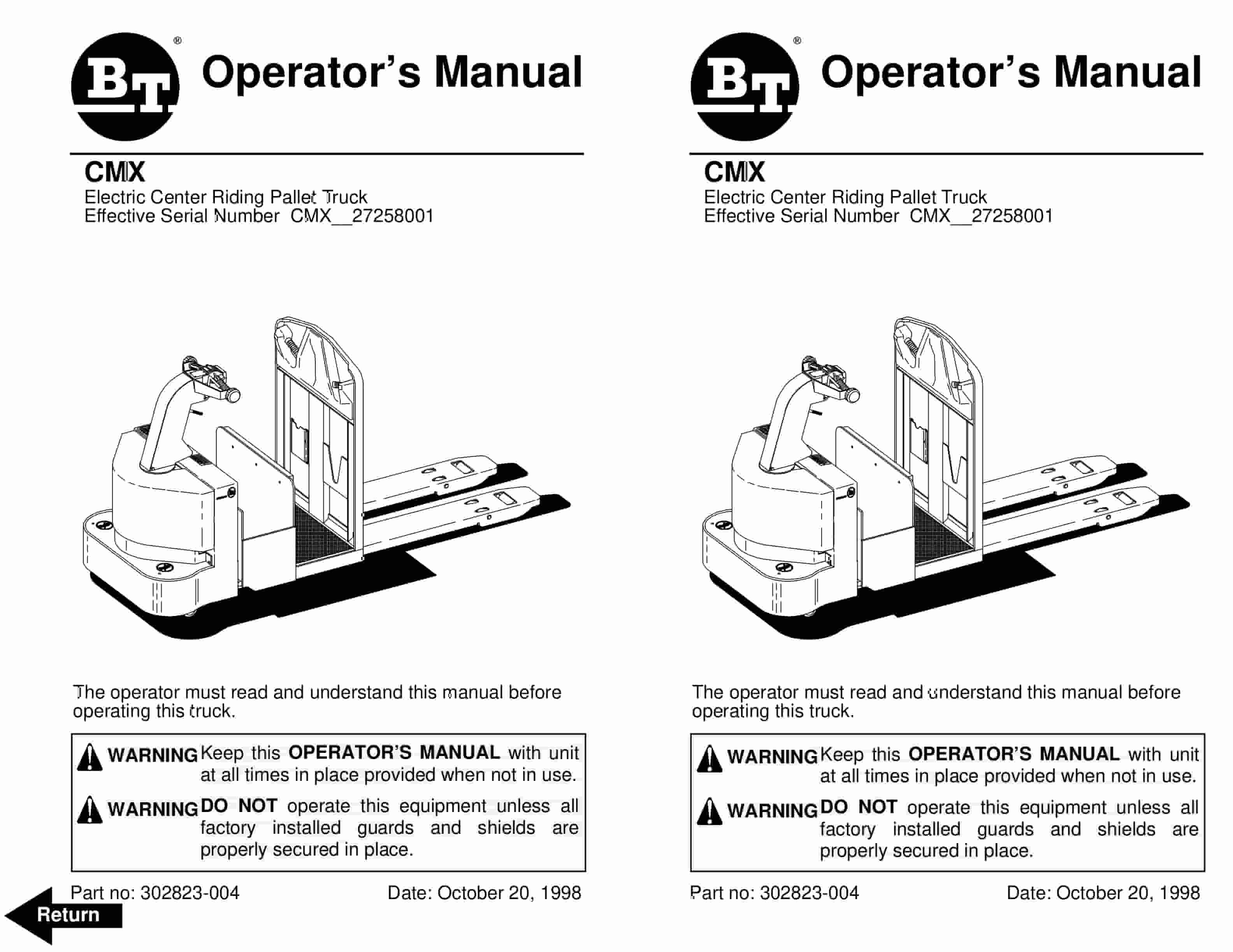 BT CMX Electric Center Riding Pallet Truck Operator Manual 302823-004