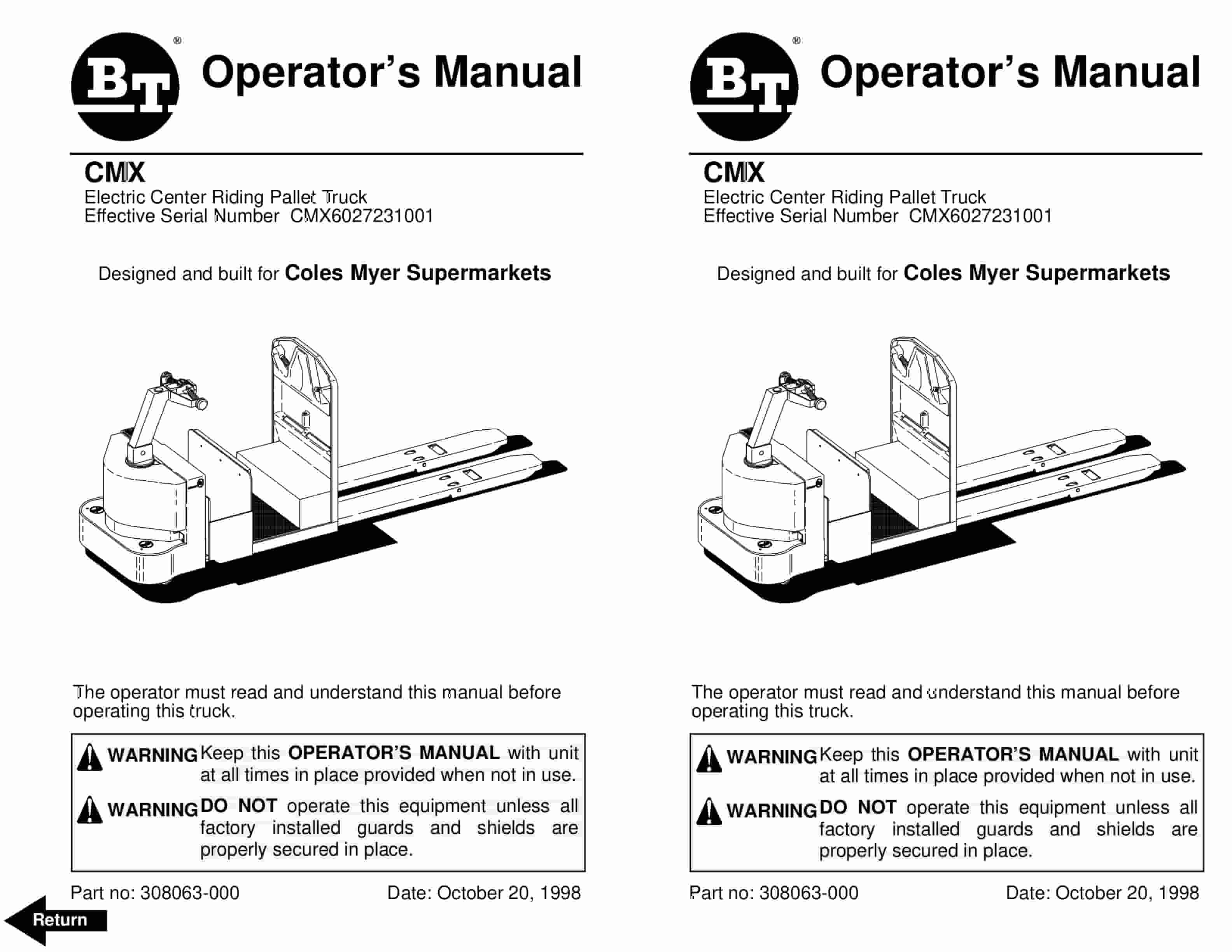 BT CMX Electric Center Riding Pallet Truck Operator Manual 308063-000