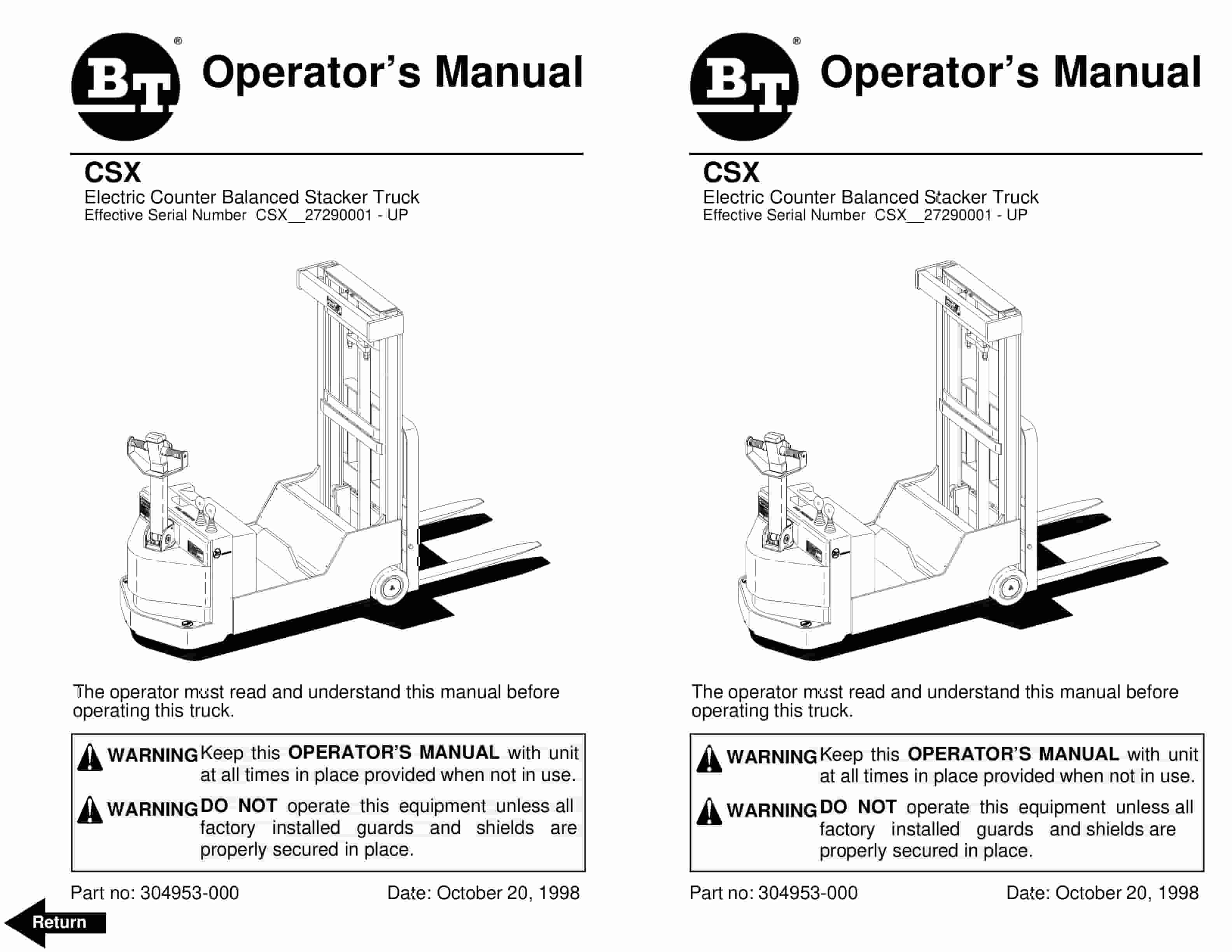 BT CSX Electric Counter Balanced Stacker Truck Operator Manual 304953-000