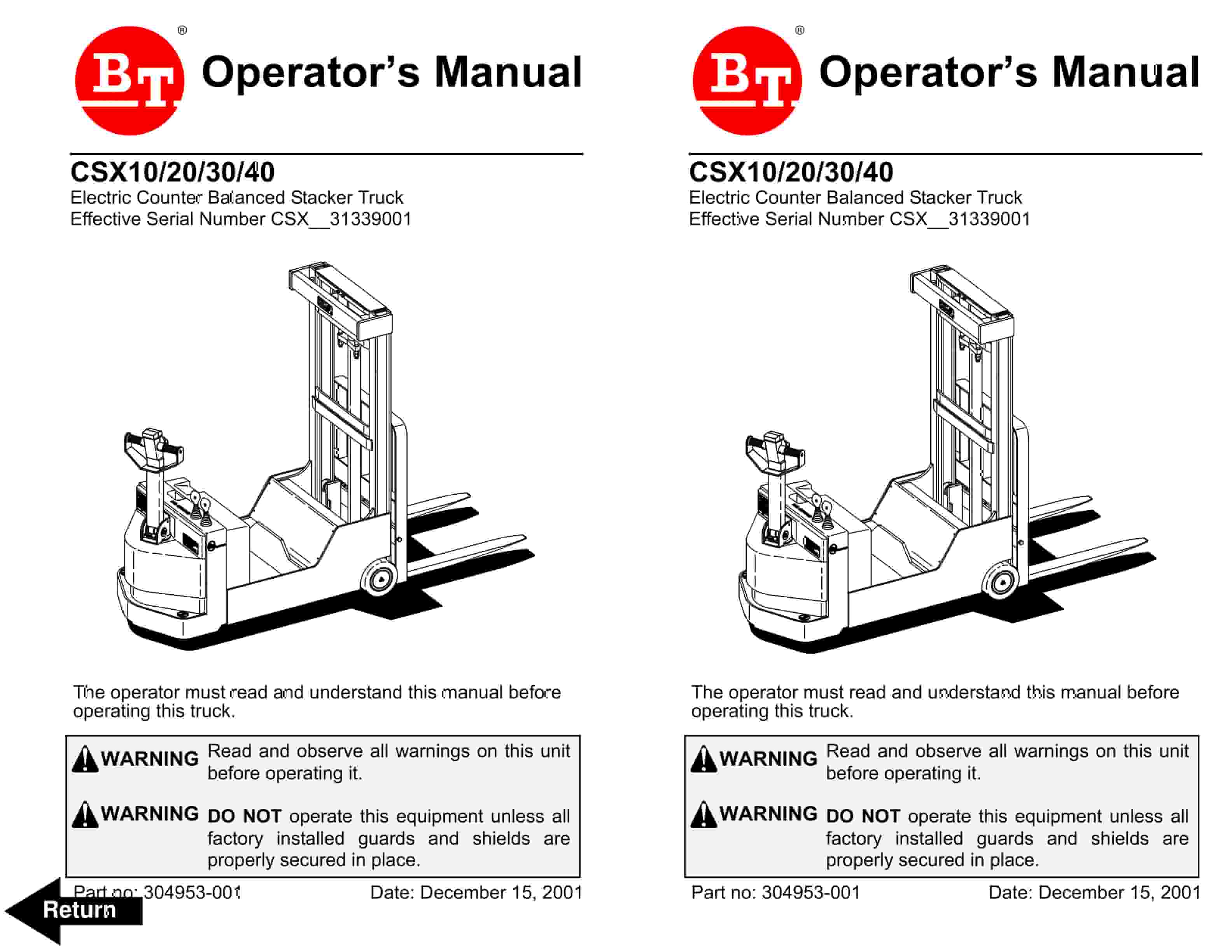 BT CSX Electric Counter Balanced Stacker Truck Operator Manual 304953-001