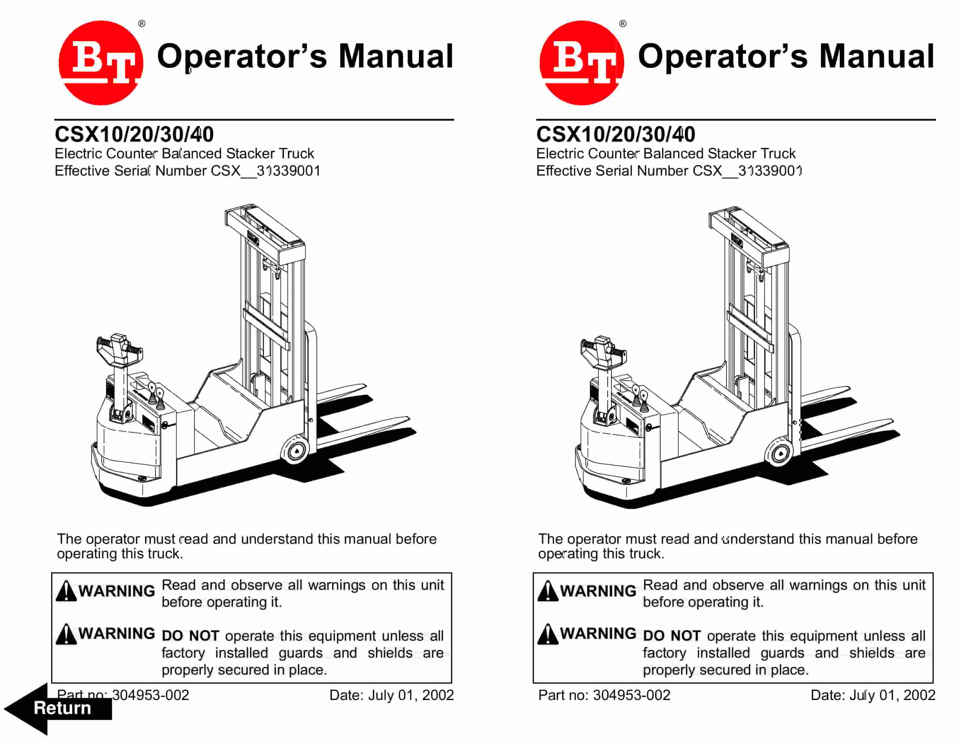 BT CSX Electric Counter Balanced Stacker Truck Operator Manual 304953-002