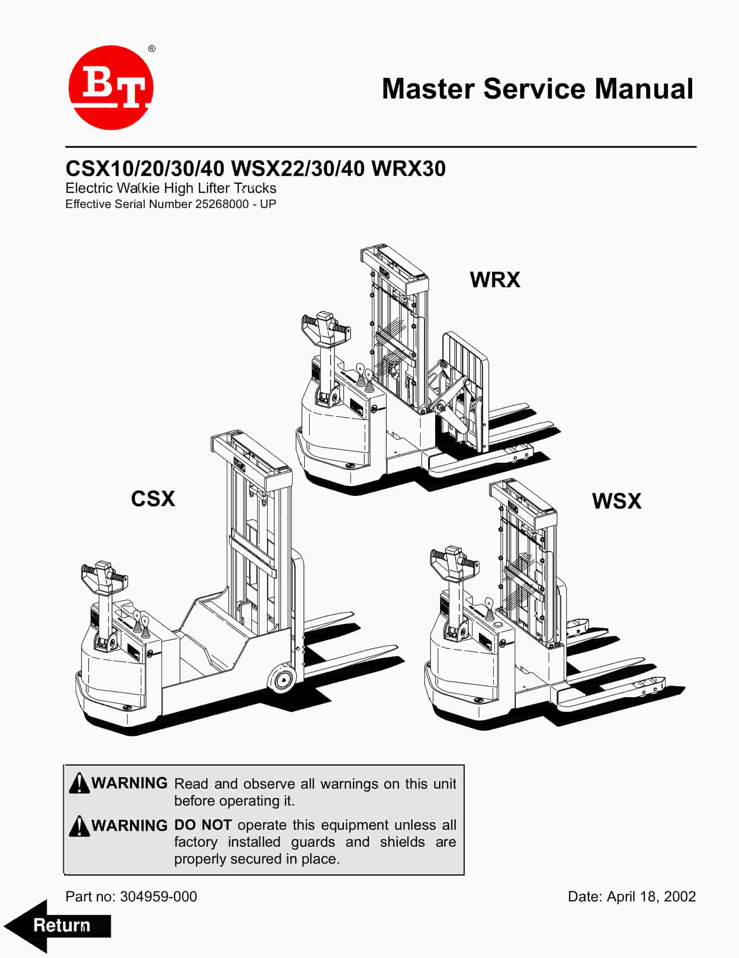 BT CSX10, CSX20, CSX30, CSX40, WSX22, WSX30, WSX40, WRX30 Electric Walkie High Lifter Truck Service Manual 304959-000