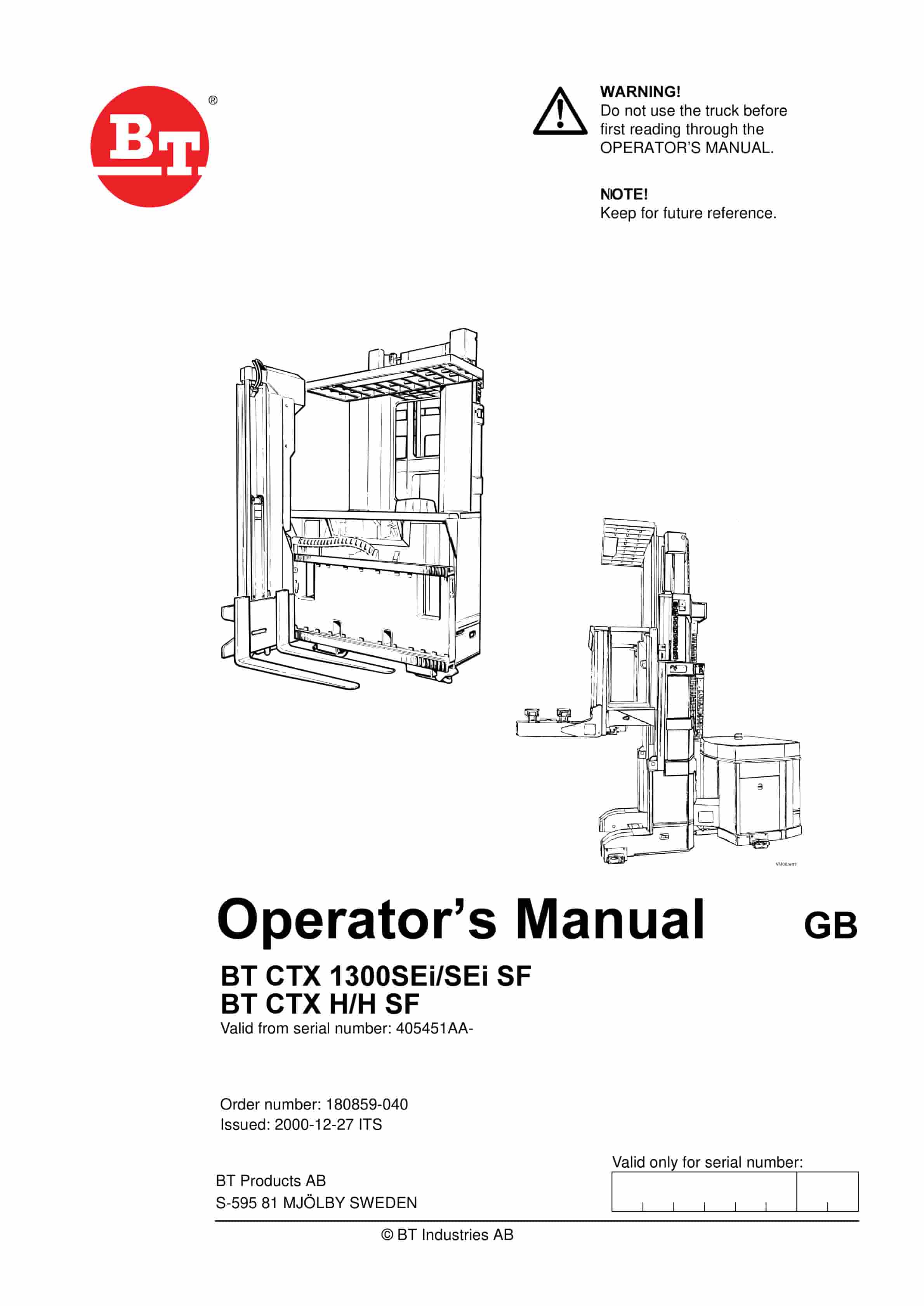 BT CTX 1300 SFi, CTX 1300 SFi SF, CTX H, CTX H SF Operator Manual 180859-040