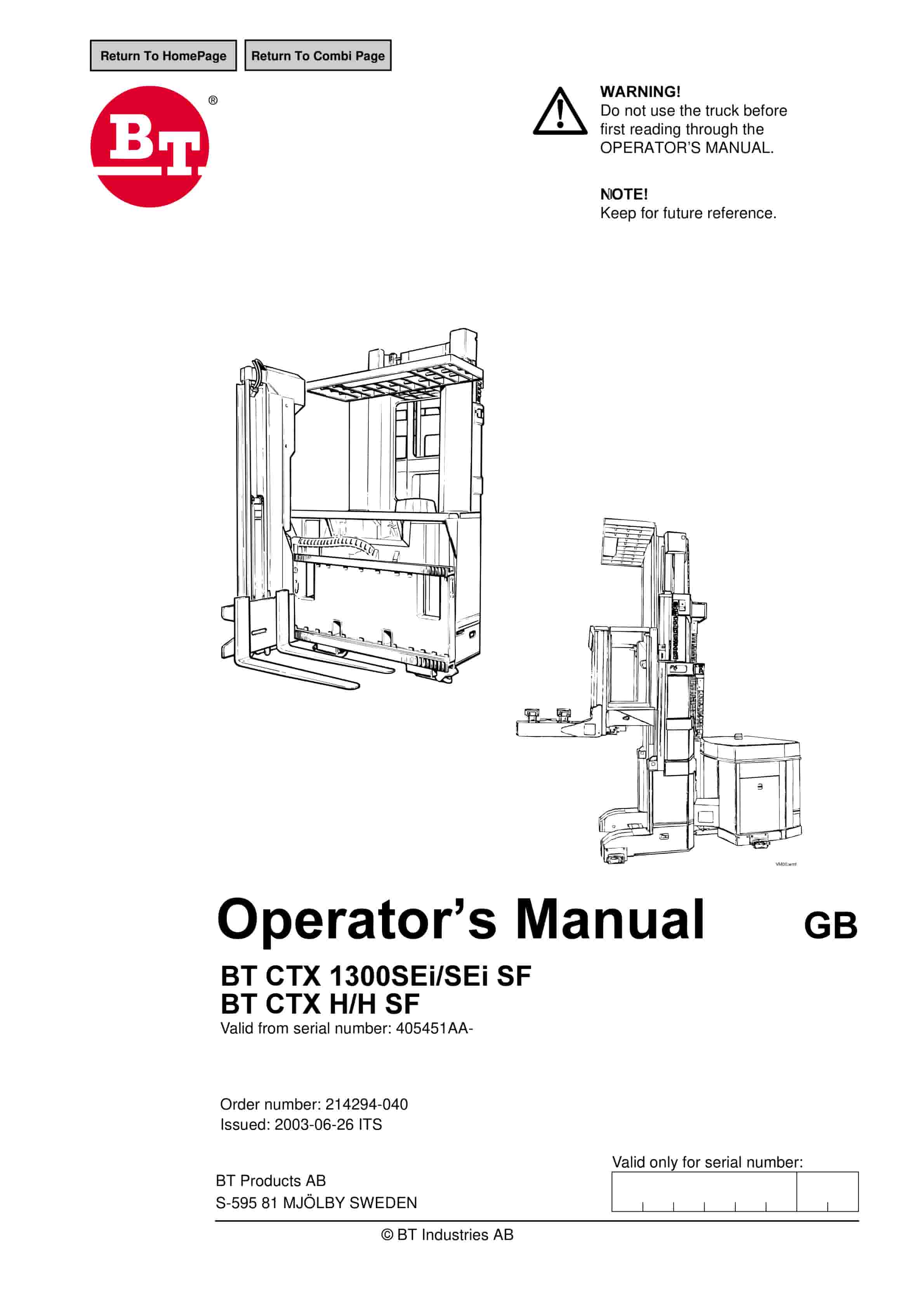 BT CTX1300SEi, CTX1300SEi SF, CTX H, CTX H SF Operator Manual 214294-040