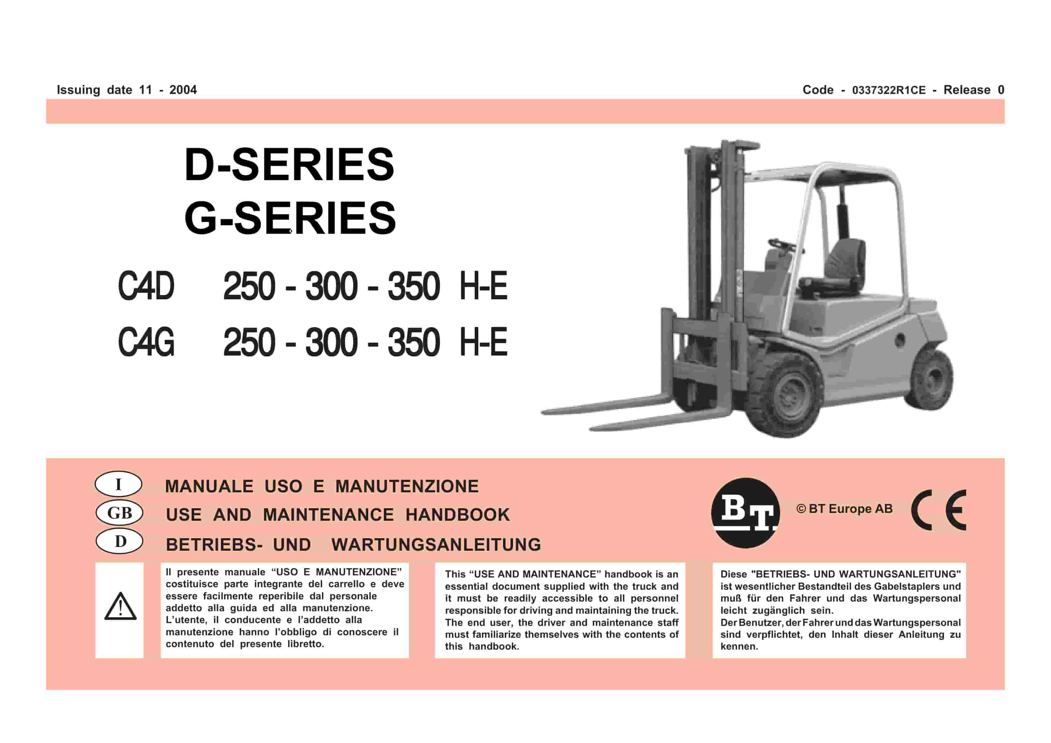 BT D-G-Series C4D250H-E, C4D300H-E, C4D350H-E, C4G250H-E, C4G300H-E, C4G350H-E Use And Maintenance Handbook 0337322R1CE