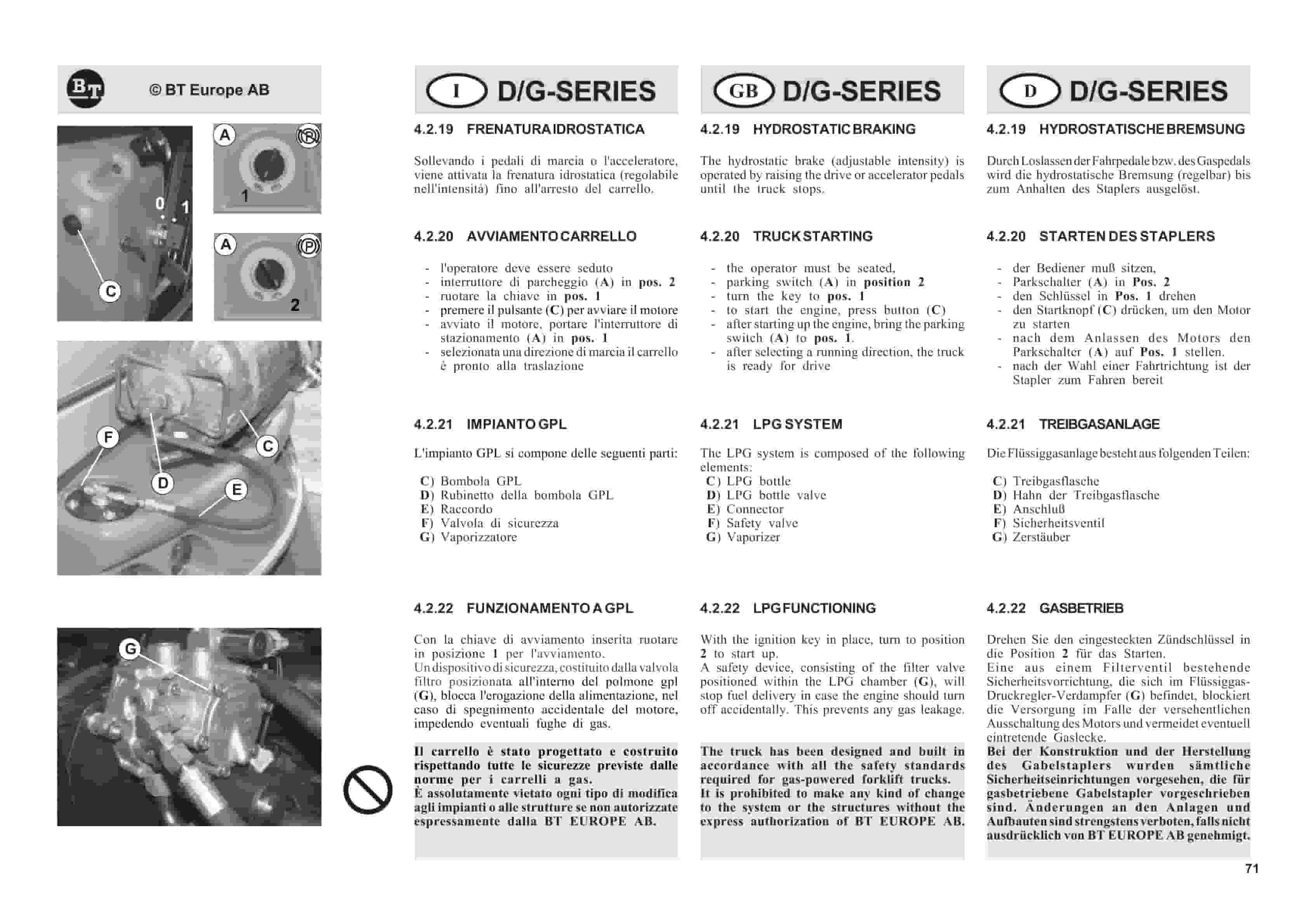 BT D-G-Series C4D250H-E, C4D300H-E, C4D350H-E, C4G250H-E, C4G300H-E, C4G350H-E Use And Maintenance Handbook 0337322R1CE-3