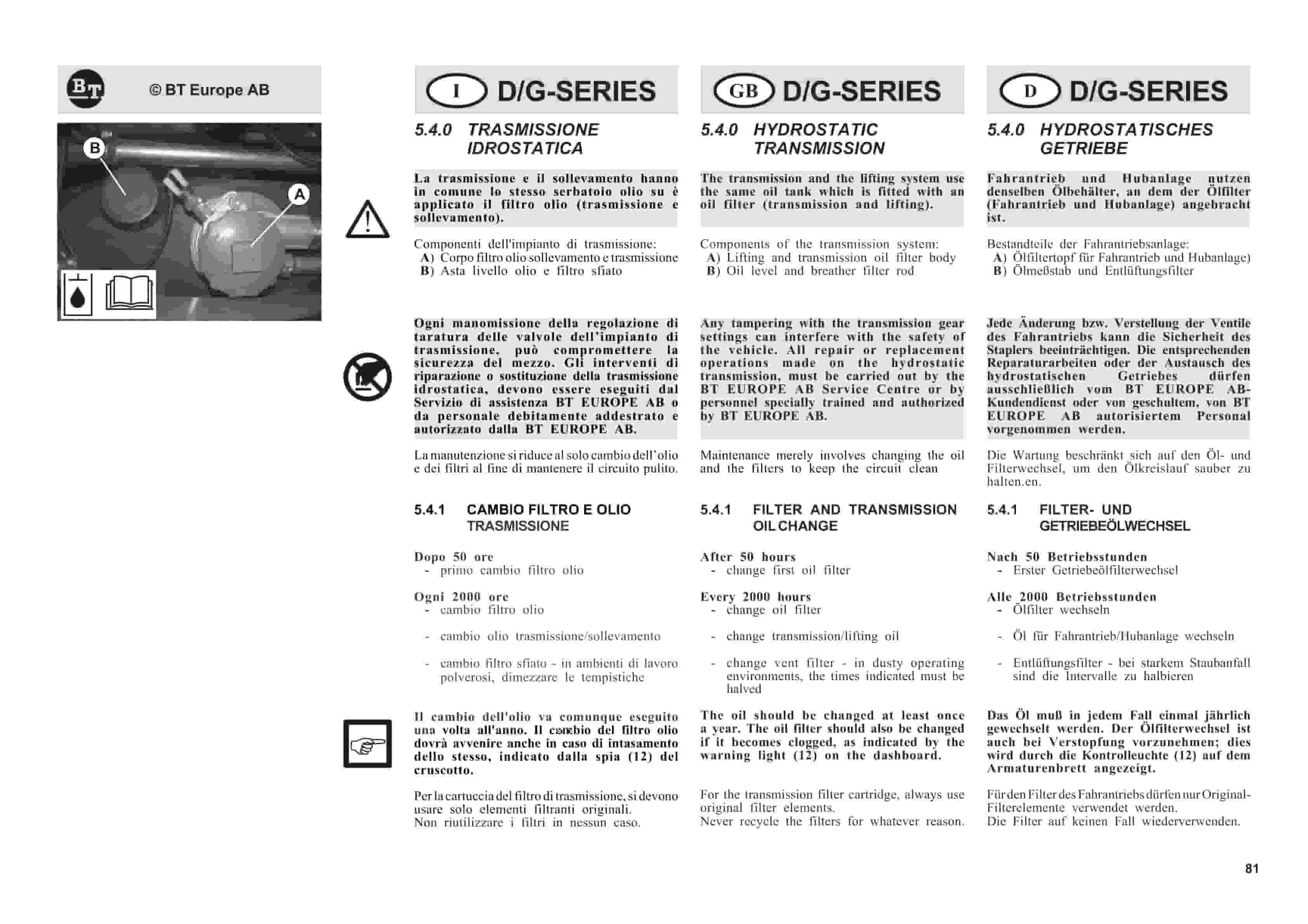 BT D-G-Series C4D250H-E, C4D300H-E, C4D350H-E, C4G250H-E, C4G300H-E, C4G350H-E Use And Maintenance Handbook 0337322R1CE-4