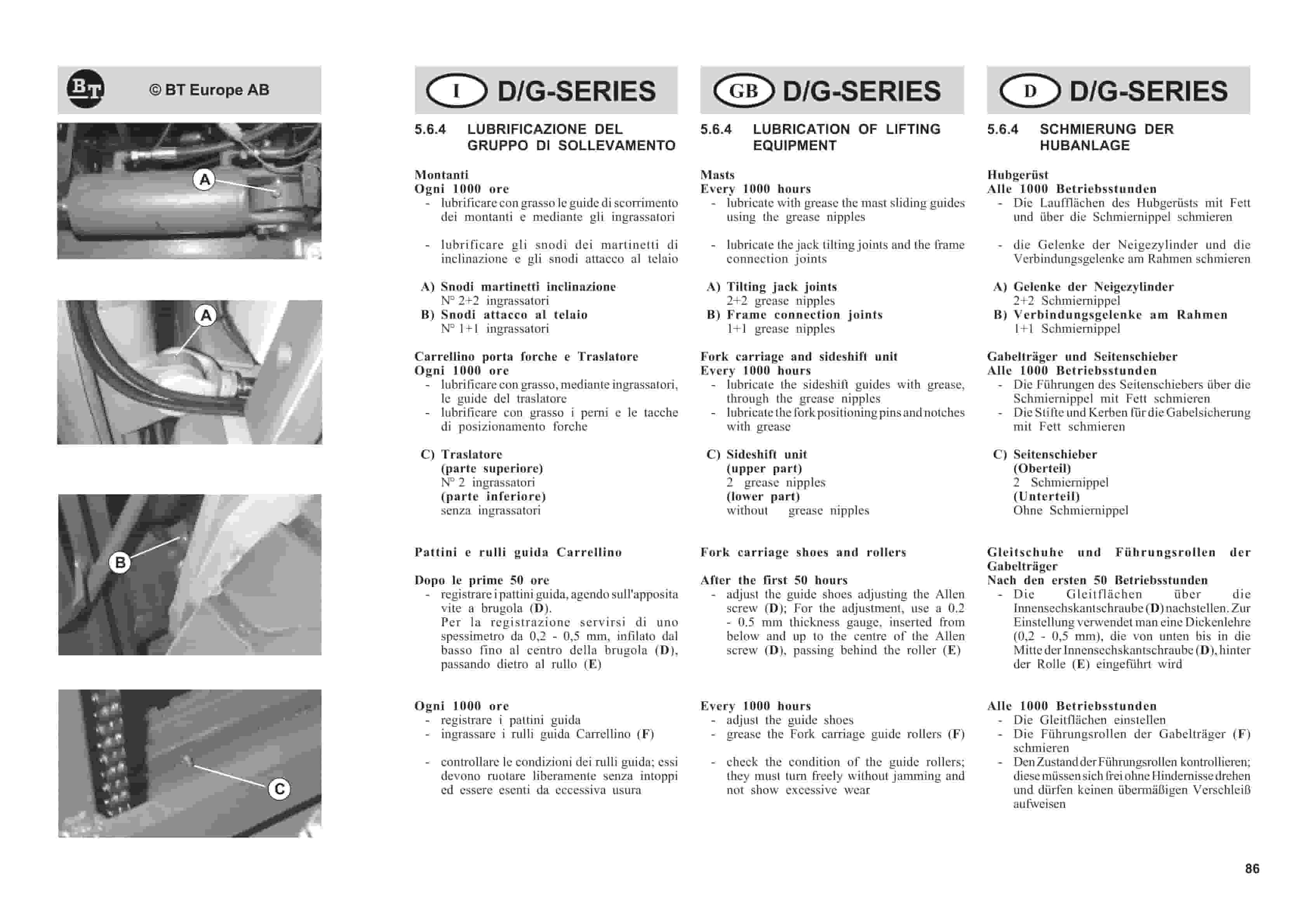 BT D-G-Series C4D250H-E, C4D300H-E, C4D350H-E, C4G250H-E, C4G300H-E, C4G350H-E Use And Maintenance Handbook 0337322R1CE-5