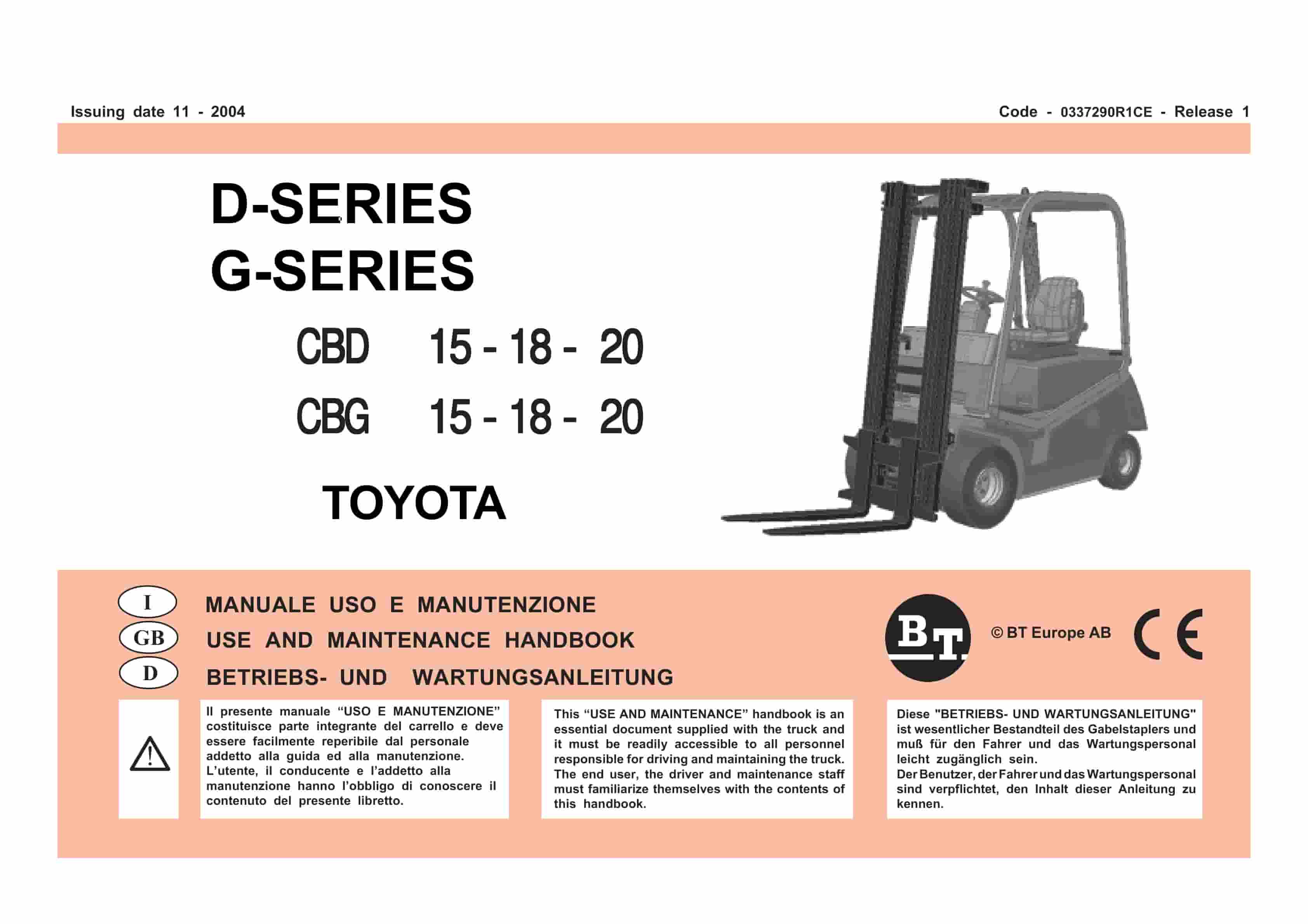 BT D-G-Series CBD15, CBD18, CBD20, CBG15, CBG18, CBG20 Use And Maintenance Handbook 0337290R1CE