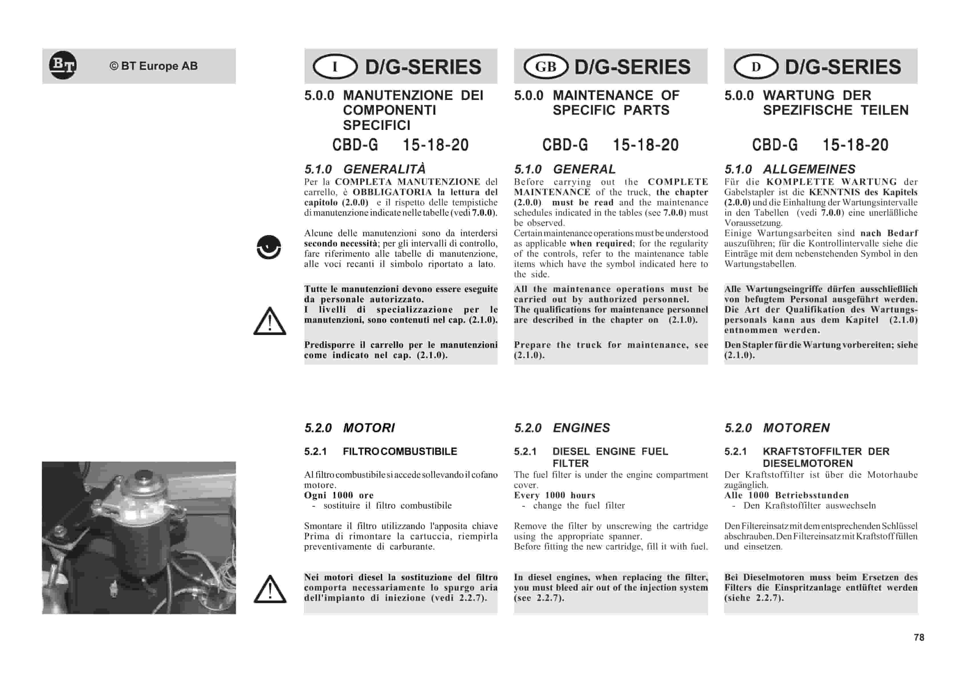 BT D-G-Series CBD15, CBD18, CBD20, CBG15, CBG18, CBG20 Use And Maintenance Handbook 0337290R1CE-4