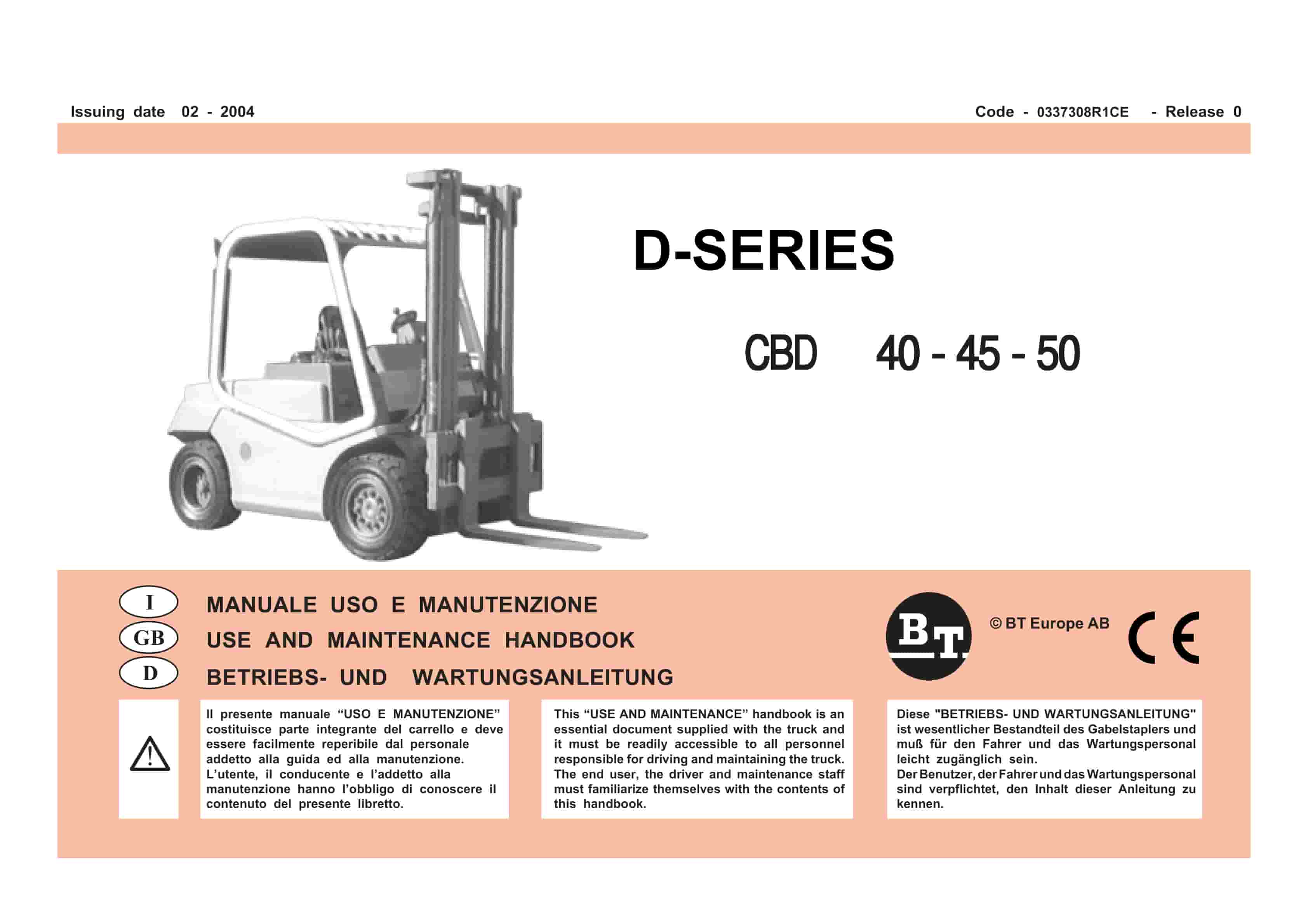 BT D-Series CBD40, CBD45, CBD50 Use And Maintenance Handbook 0337308R1CE