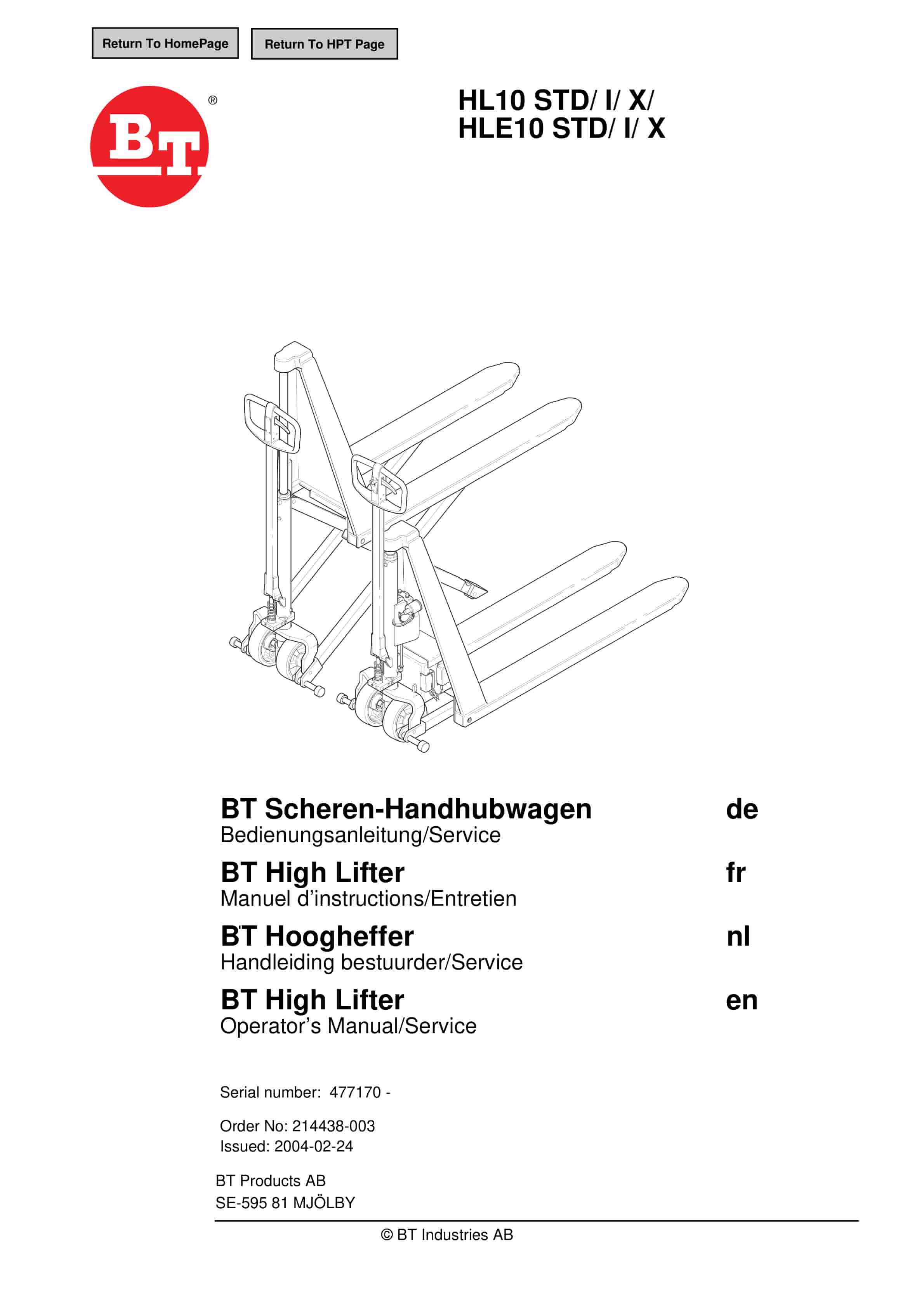 BT HL10 STD, HL10 I, HL10 X, HLE10 STD, HLE10 I, HLE10 X Operator And Service Manual 214438-003