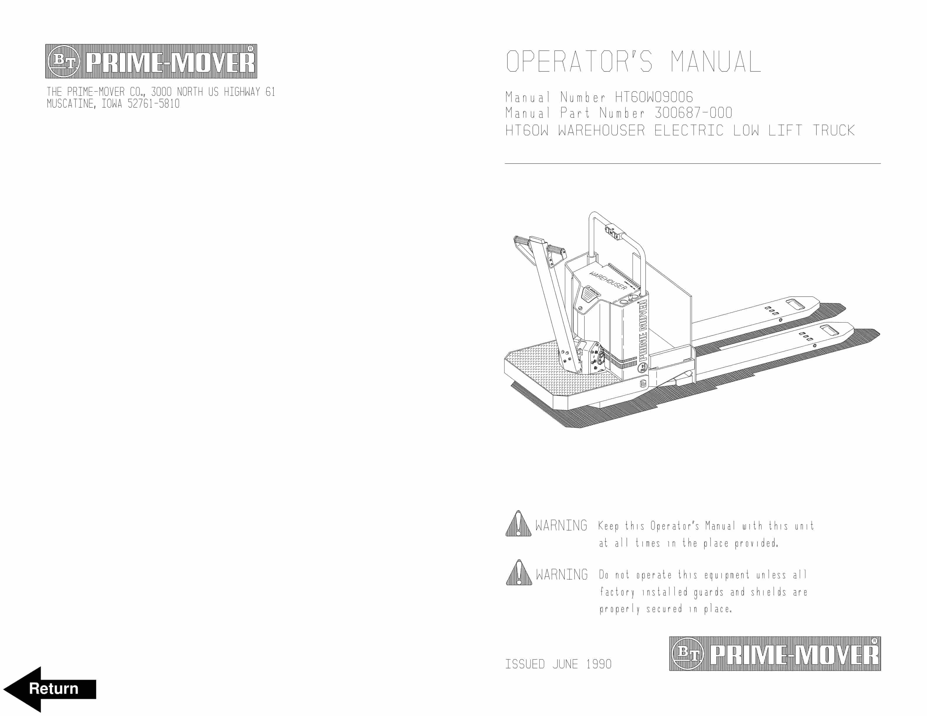 BT HT60W Warehouser Electric Low Lift Truck Operator Manual 300687-000