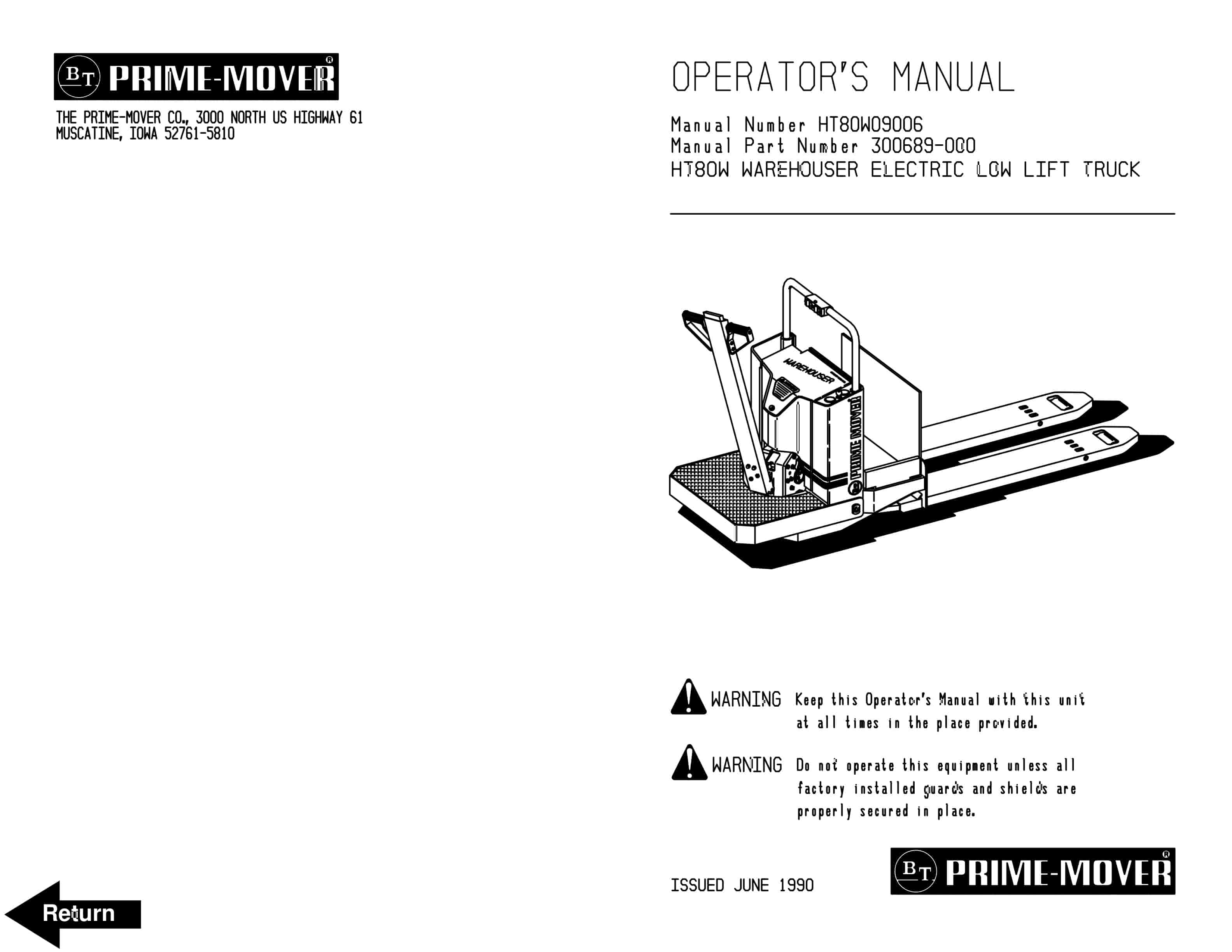 BT HT80W Warehouser Electric Low Lift Truck Operator Manual 300689-000