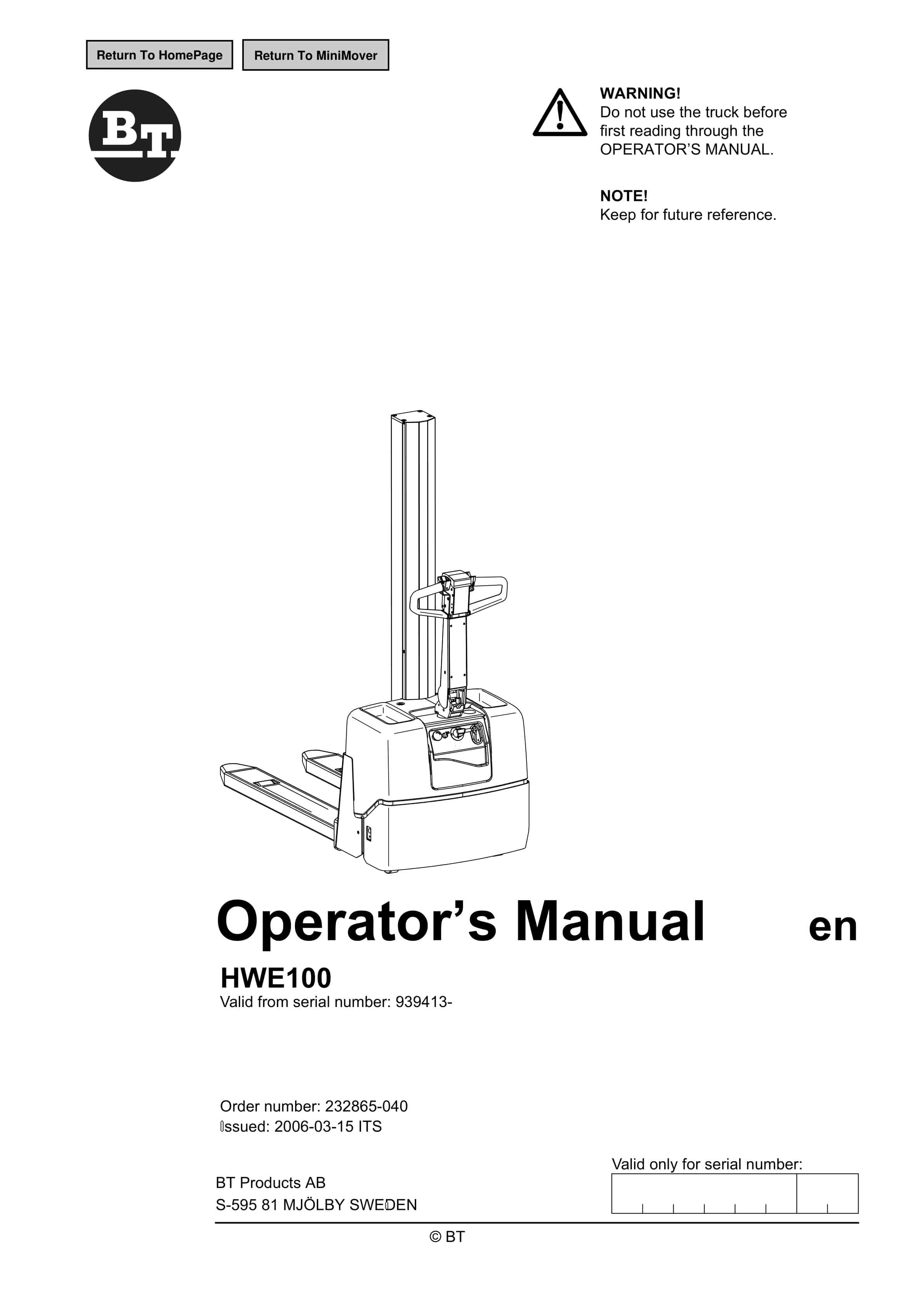 BT HWE100 Operator Manual 232865-040
